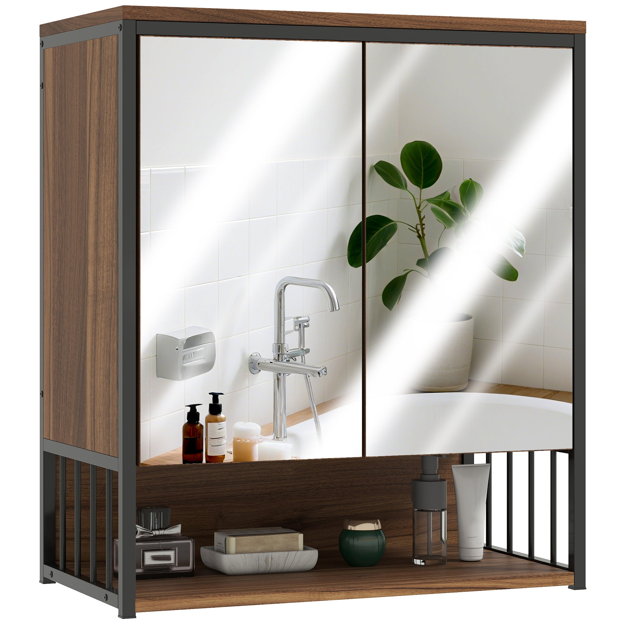 Armoire murale salle de bain avec miroir, 56 x 65 cm, meuble salle de bain, armoire de toilette avec compartiment ouvert, porte à fermeture amortie, marron