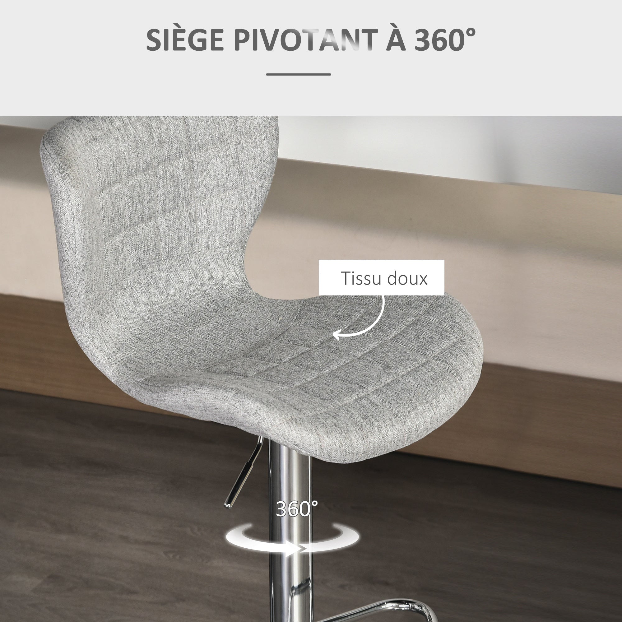 Lot de 2 Tabourets de Bar Design Contemporain Hauteur d'assise réglable 59-81 cm pivotant 360° Lin Gris