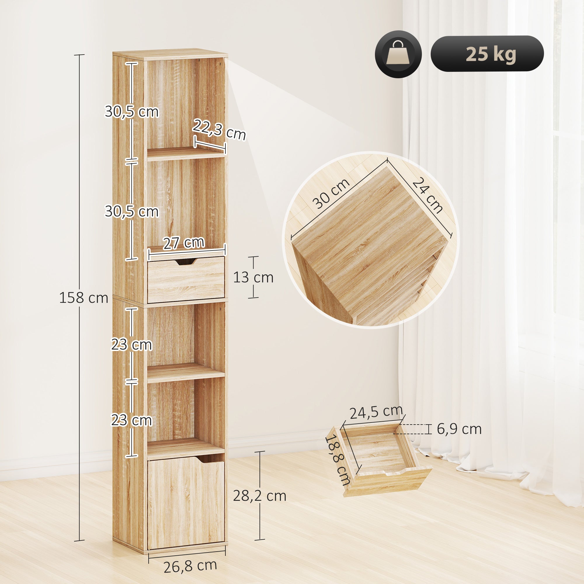 Bibliothèque, étagère à livres, meuble de rangement avec tiroir, placard et compartiments ouvertes, étagère de rangement pour salon, chambre bureau, 30 x 24 x 158 cm, bois naturel