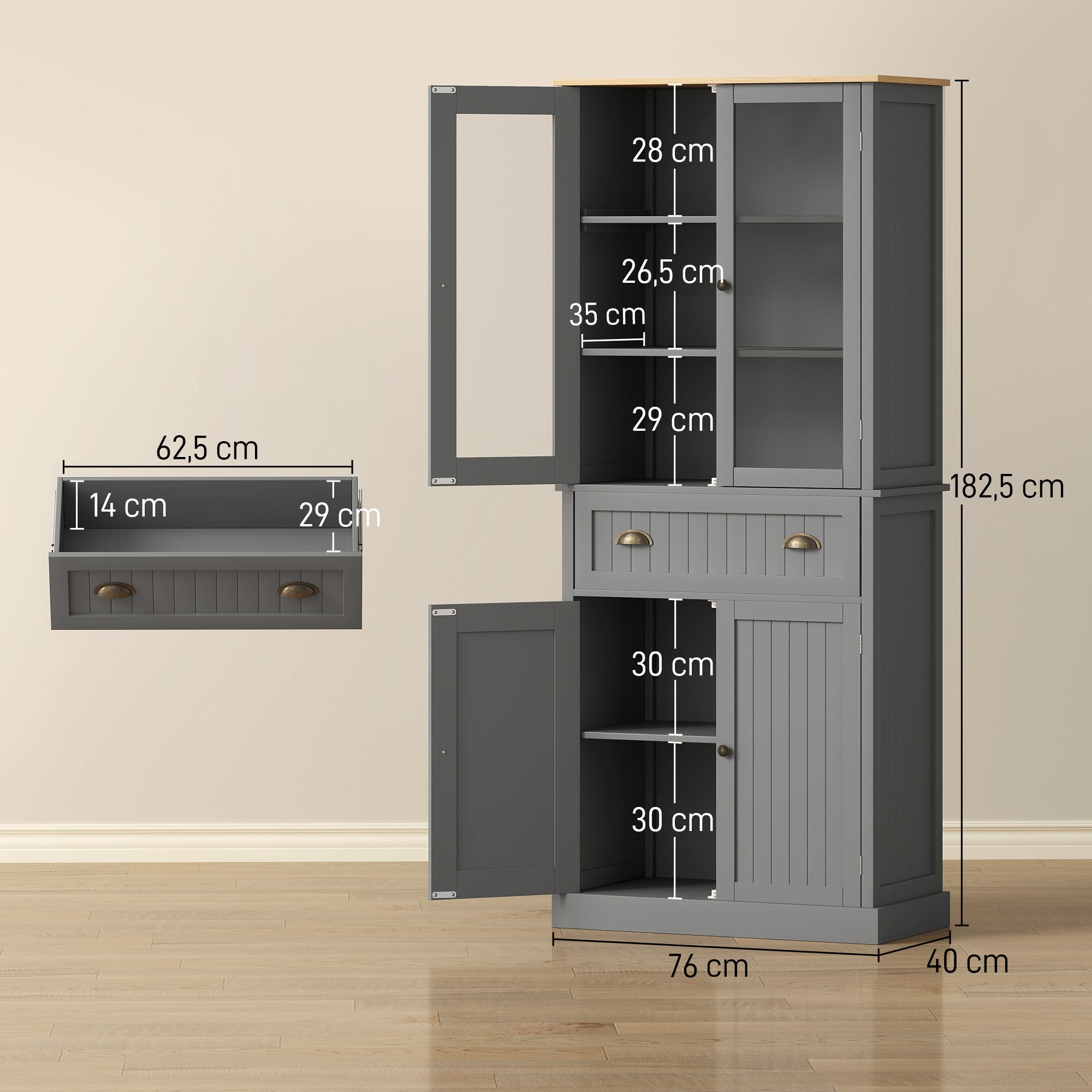 Buffet meuble cuisine rangement armoire de cuisine 4 portes dont 2 portes vitrées et 1 tiroir hauteur 182,5 cm avec étagères réglables - gris
