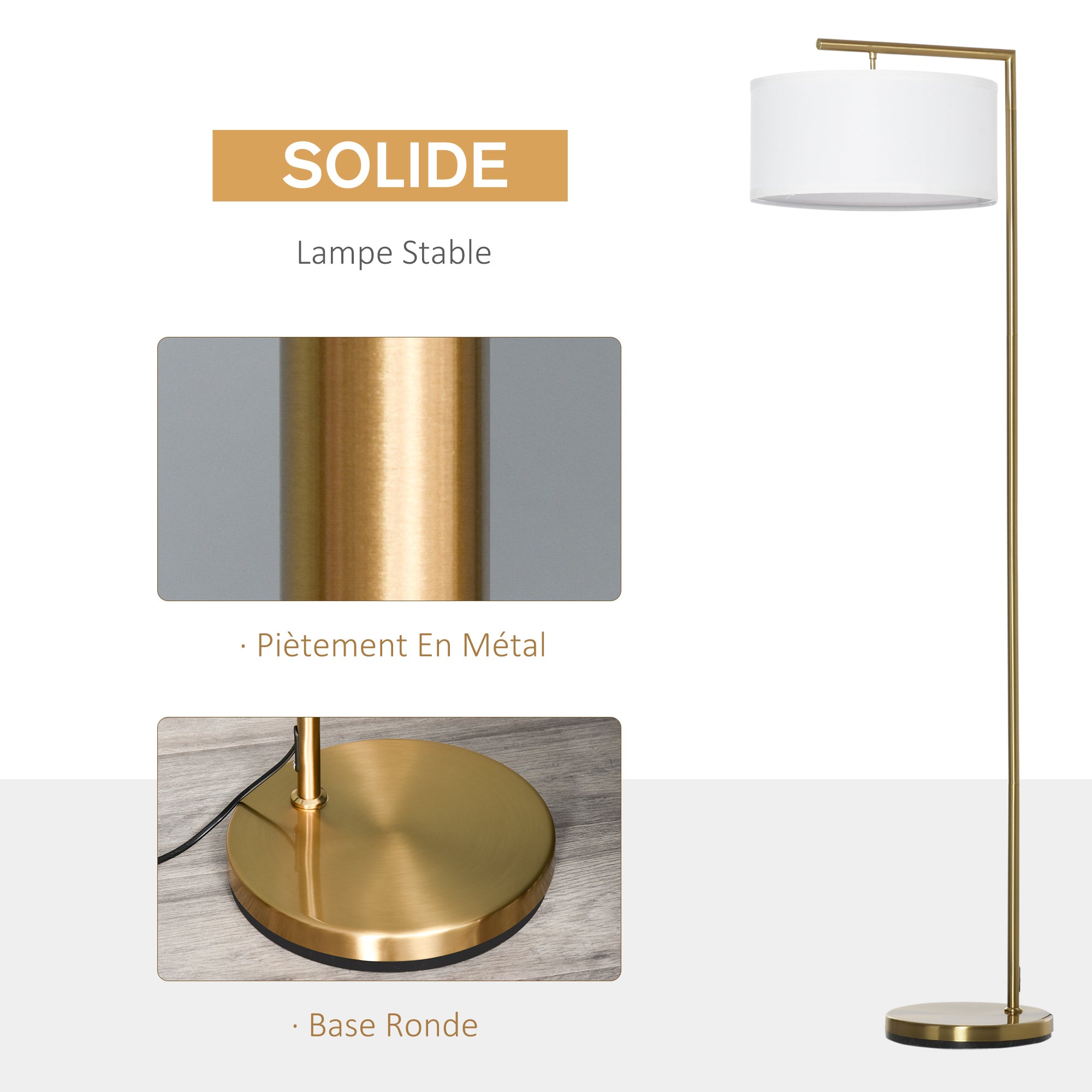 Lampadaire lampe à pied abat-jour en tissu de lin base ronde stable pour salle bureau chambre à coucher 47 x 37 x 153 cm or et blanc