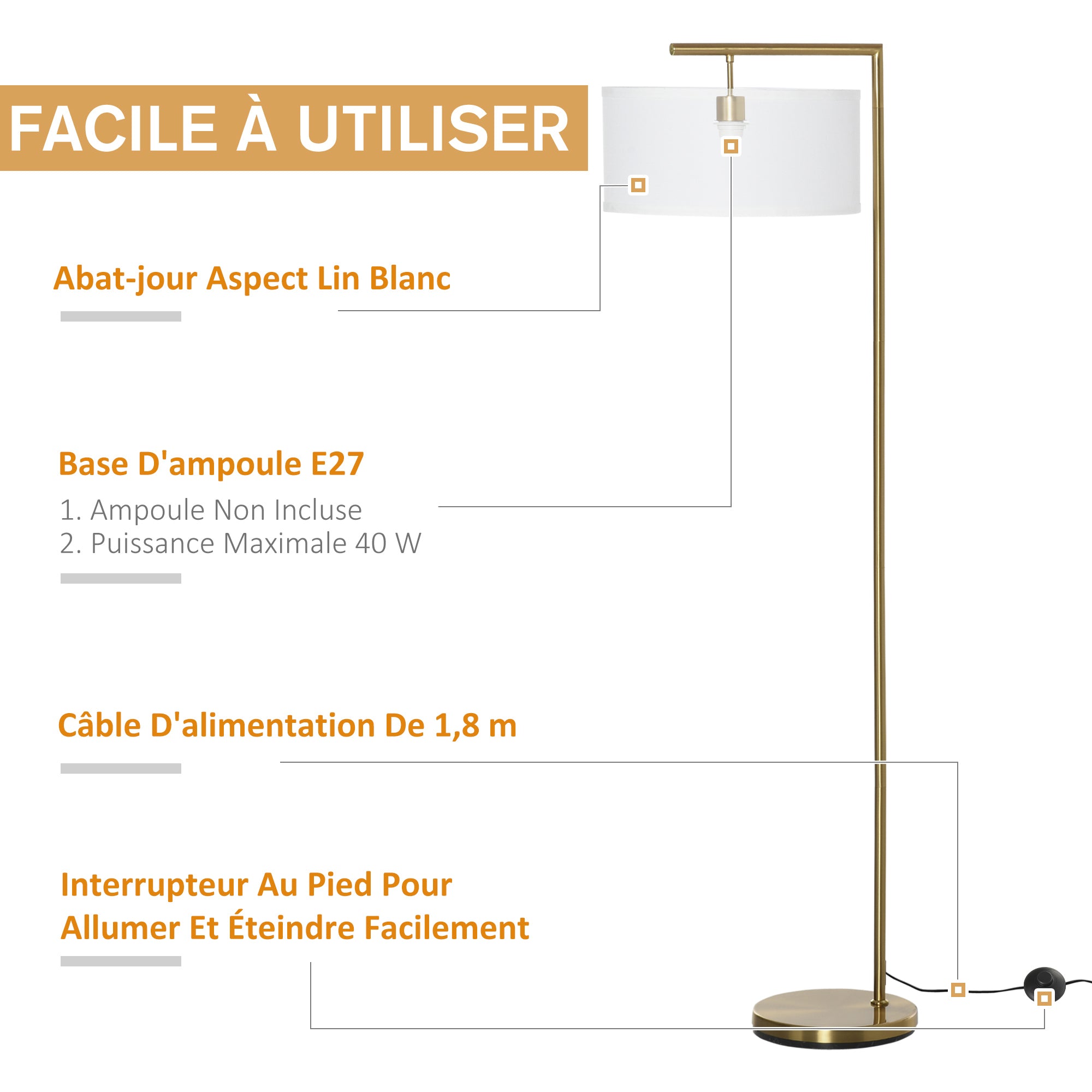 Lampadaire lampe à pied abat-jour en tissu de lin base ronde stable pour salle bureau chambre à coucher 47 x 37 x 153 cm or et blanc