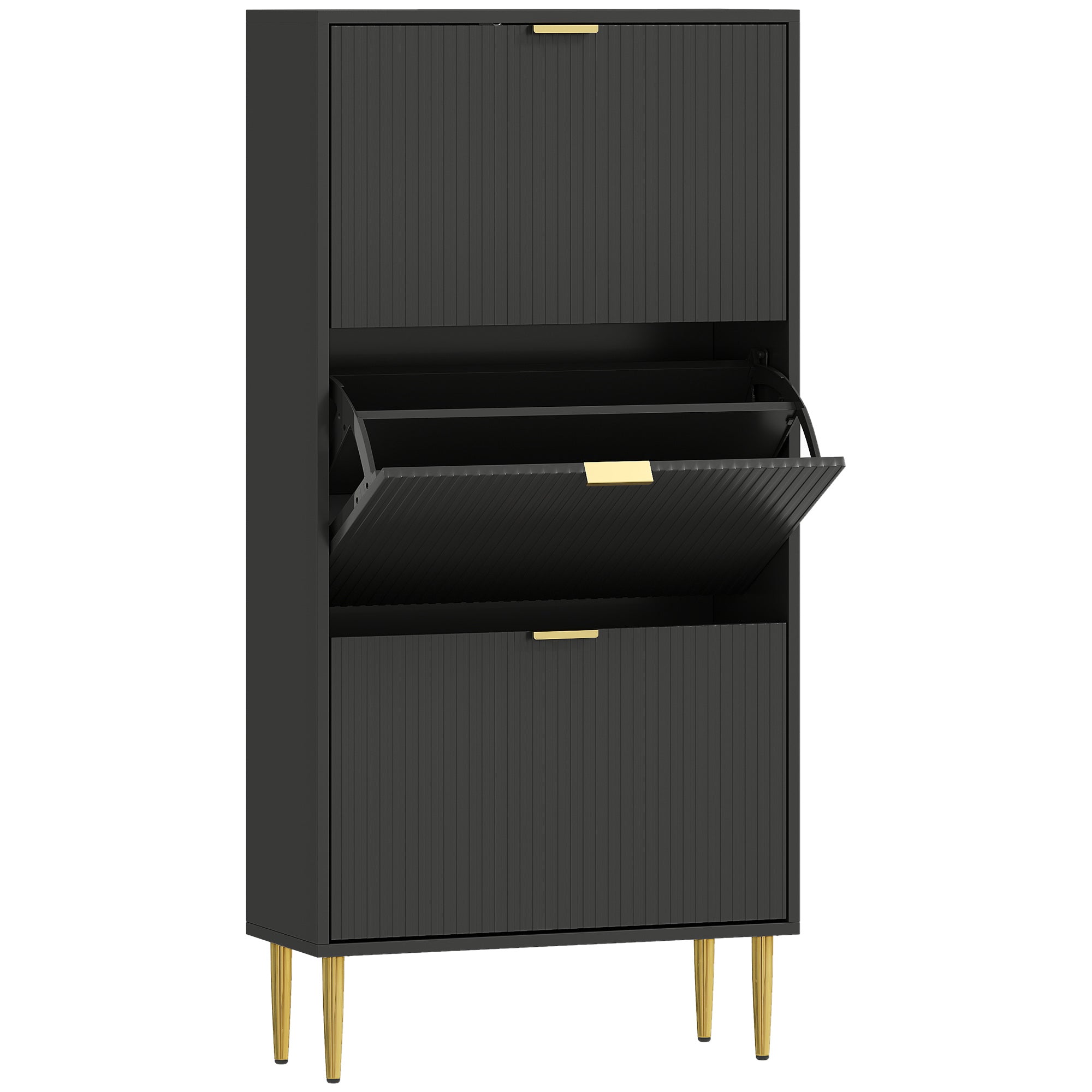 Meuble à chaussures 18 paires, armoire à chaussures étroite moderne avec 3 tiroirs rabattables, portes cannelées et étagères réglables, pour couloir et entrée, 60 x 24 x 122,5 cm, noir