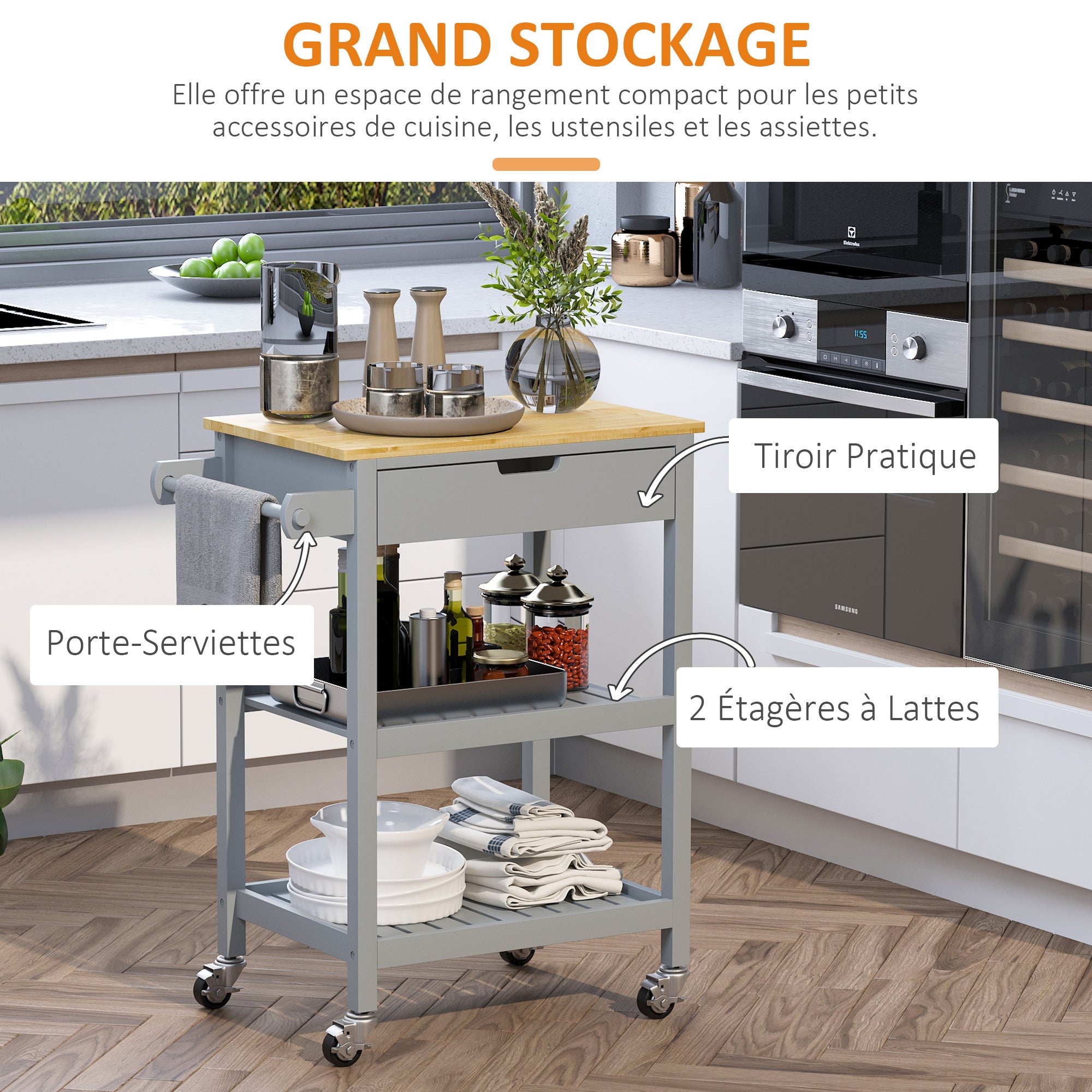 Desserte de service chariot de cuisine à roulettes avec plan de travail en bois hévéa - 2 étagères, 1 tiroir et 1 porte-torchon