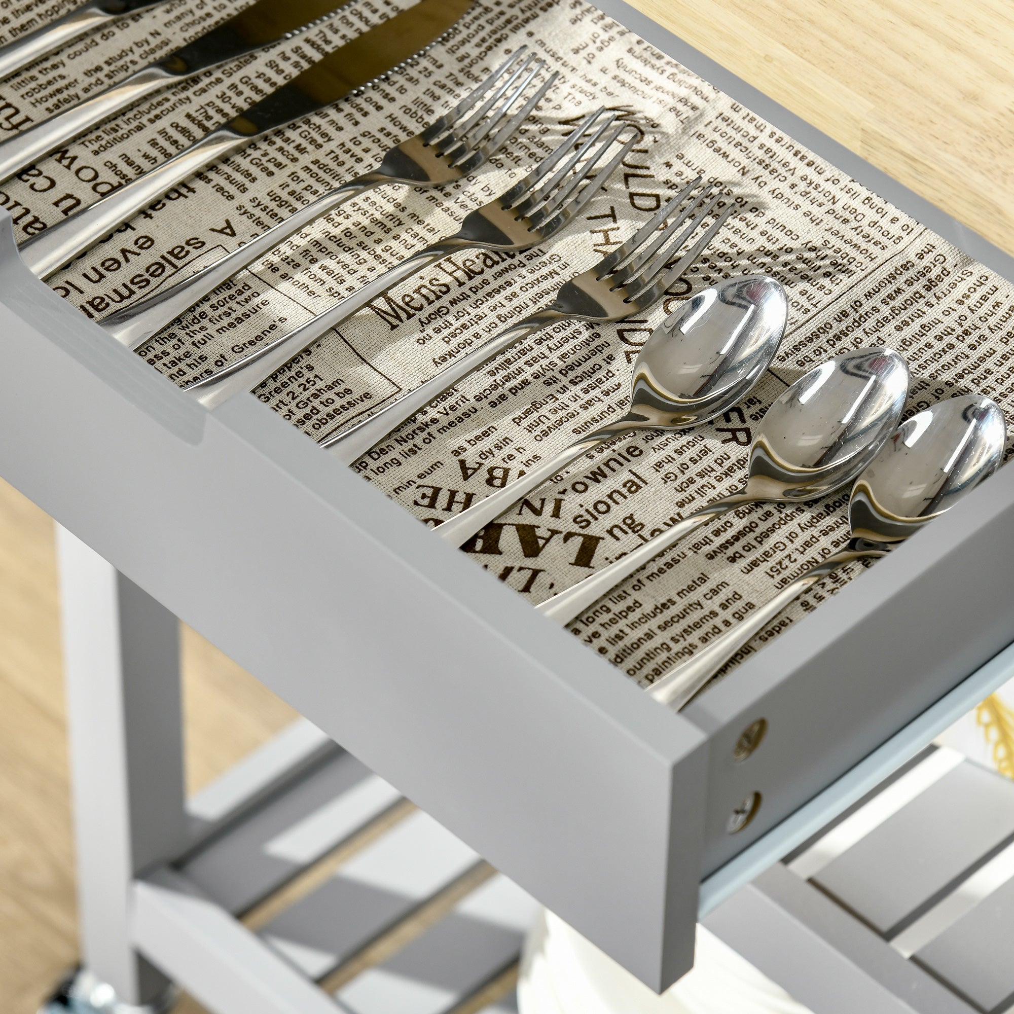 Desserte de service chariot de cuisine à roulettes avec plan de travail en bois hévéa - 2 étagères, 1 tiroir et 1 porte-torchon