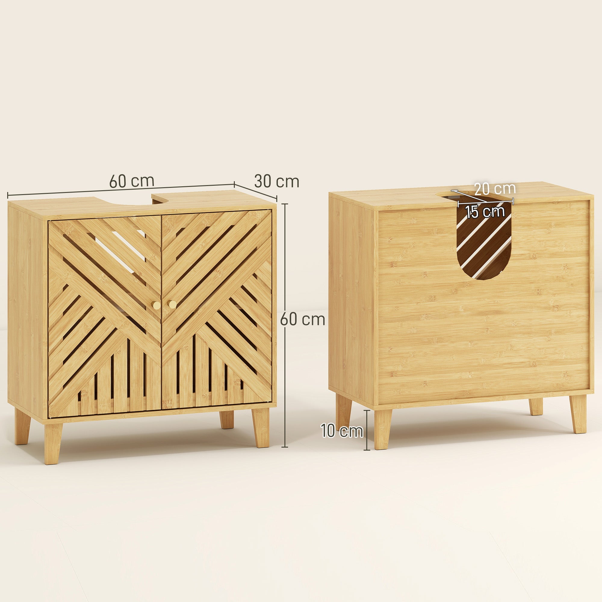 Meuble sous lavabo, meuble de salle de bain en bambou avec étagère réglable et portes à lattes, anti-humidité, 60 x 30 x 60 cm, naturel