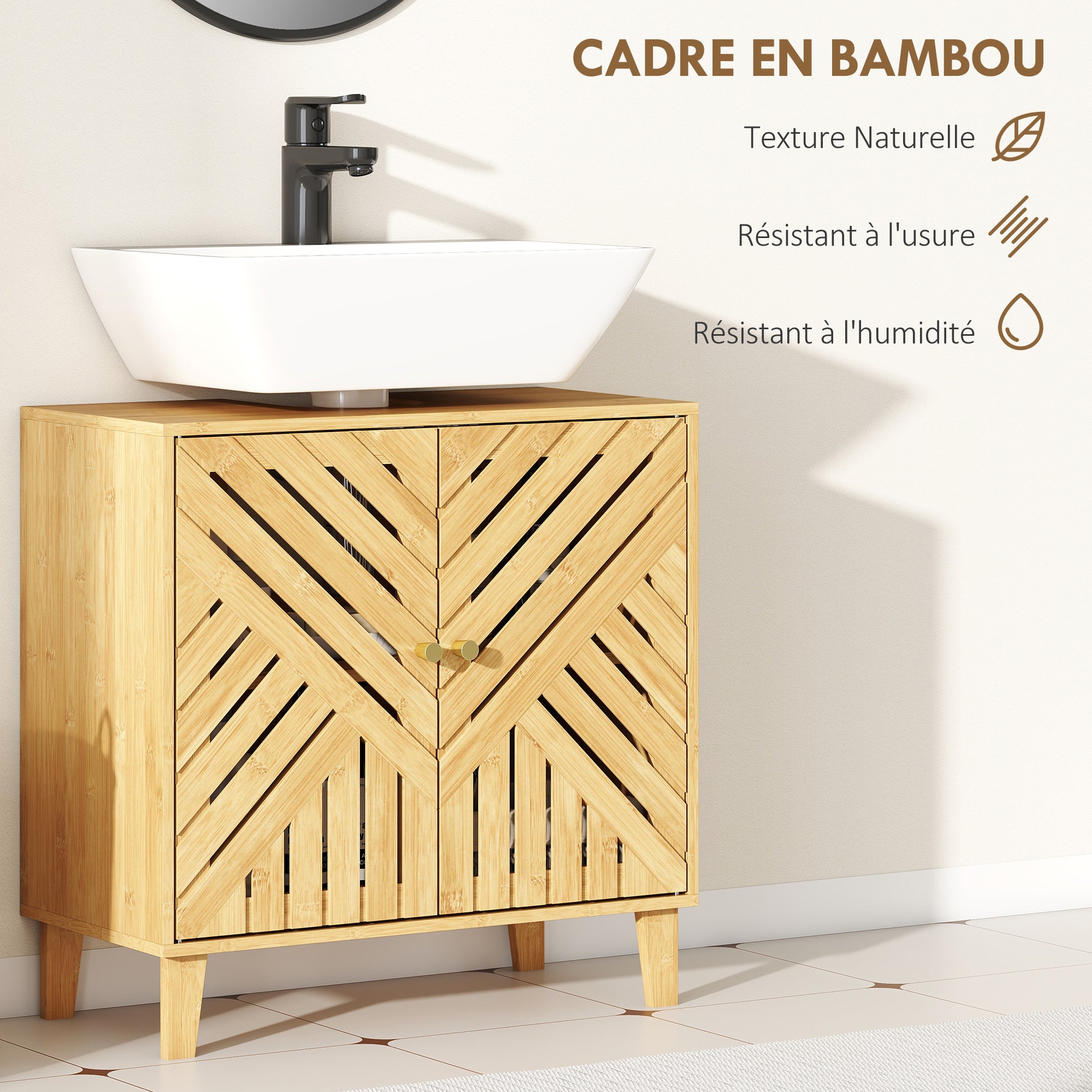 Meuble sous lavabo, meuble de salle de bain en bambou avec étagère réglable et portes à lattes, anti-humidité, 60 x 30 x 60 cm, naturel