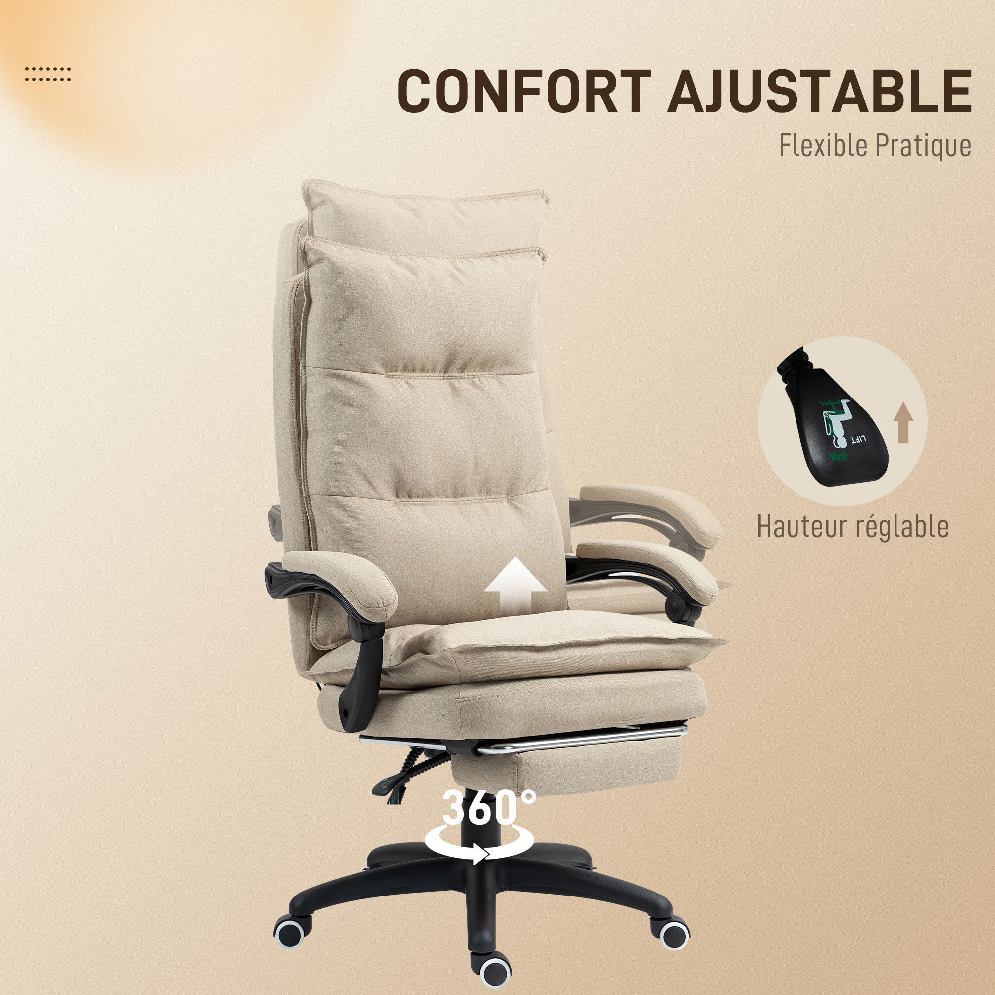 Fauteuil de bureau massant, chaise de bureau, chaise ergonomique avec hauteur réglable, dossier inclinable, repose-pied intégré et télécommande filaire, pivotant à 360°, aspect de lin beige