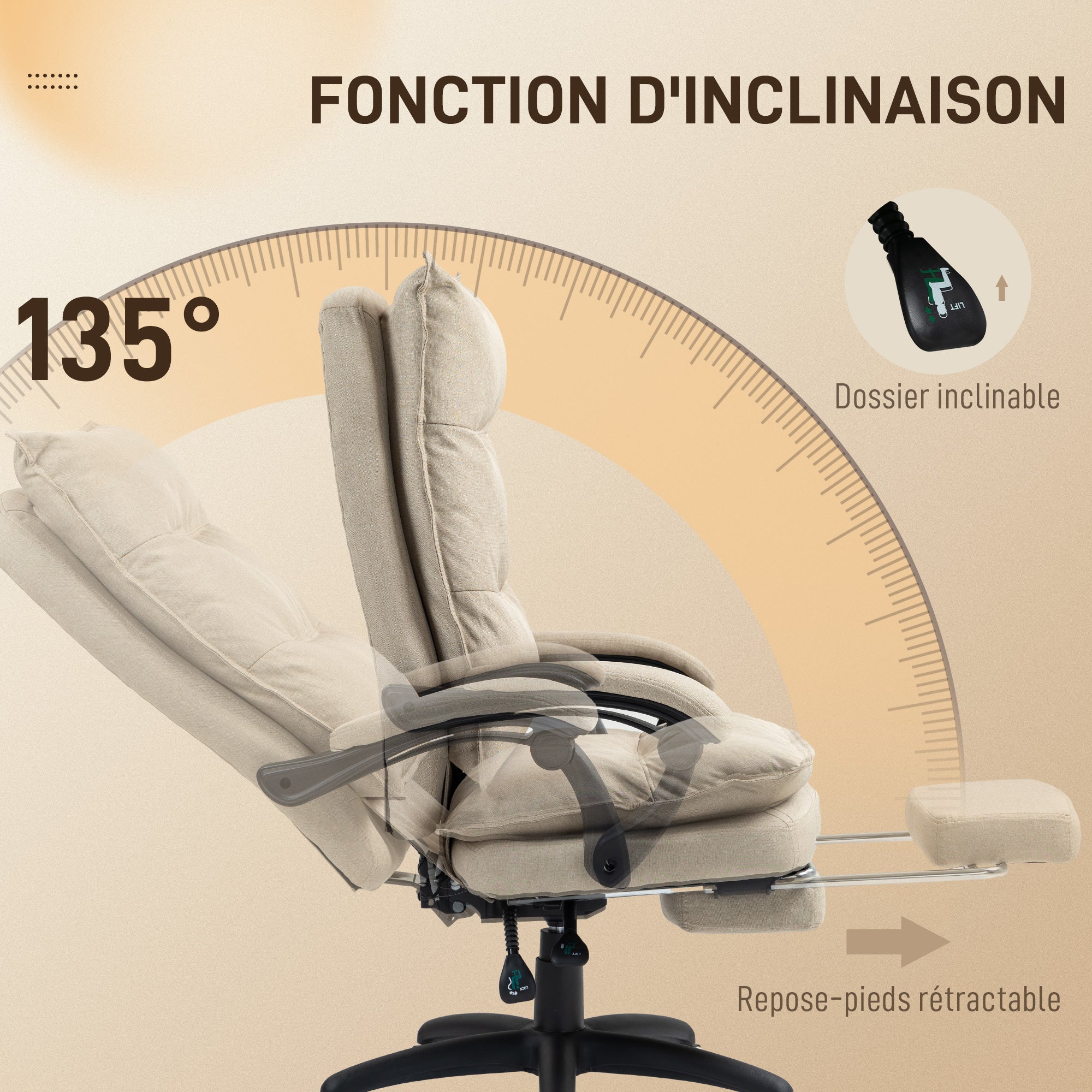 Fauteuil de bureau massant, chaise de bureau, chaise ergonomique avec hauteur réglable, dossier inclinable, repose-pied intégré et télécommande filaire, pivotant à 360°, aspect de lin beige
