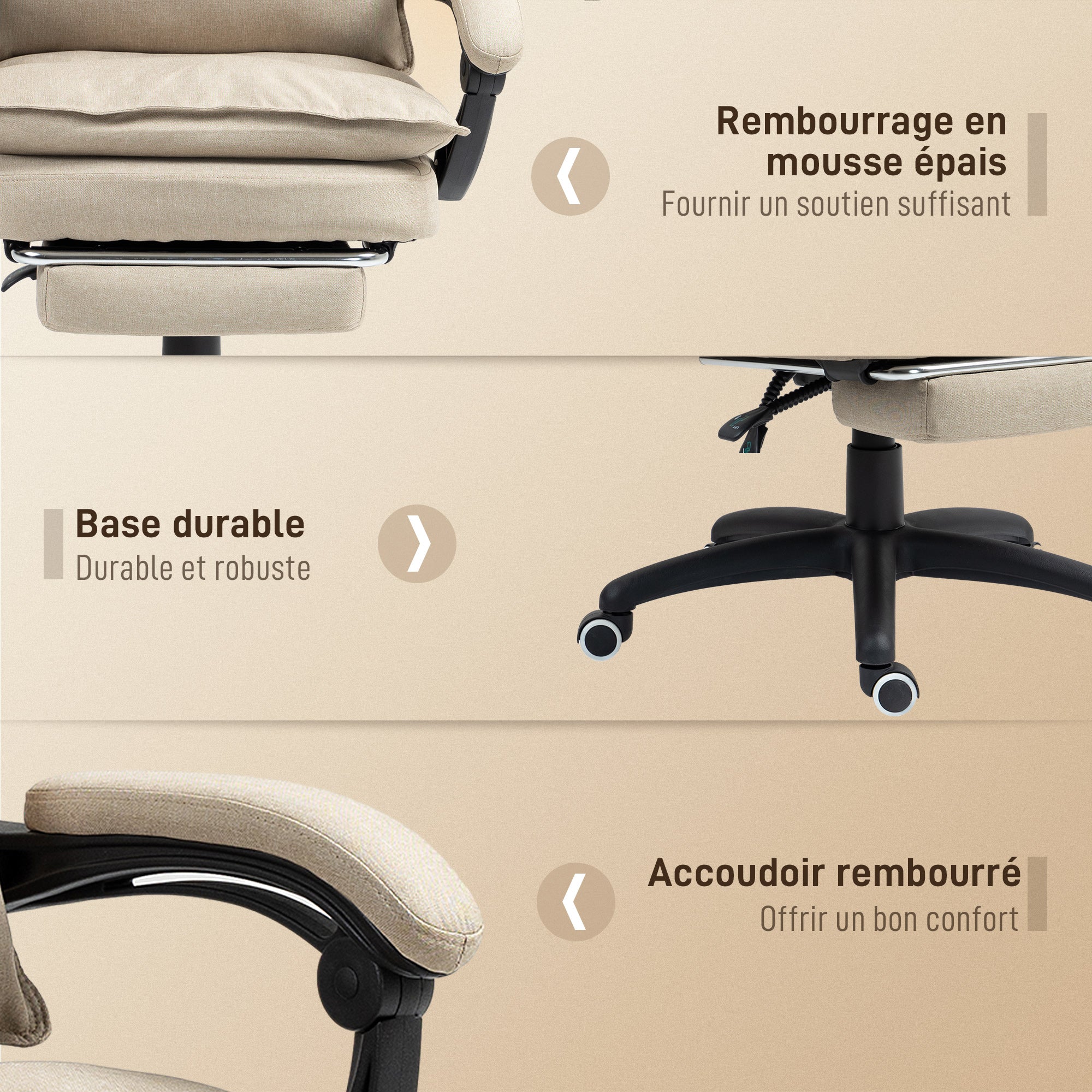 Fauteuil de bureau massant, chaise de bureau, chaise ergonomique avec hauteur réglable, dossier inclinable, repose-pied intégré et télécommande filaire, pivotant à 360°, aspect de lin beige