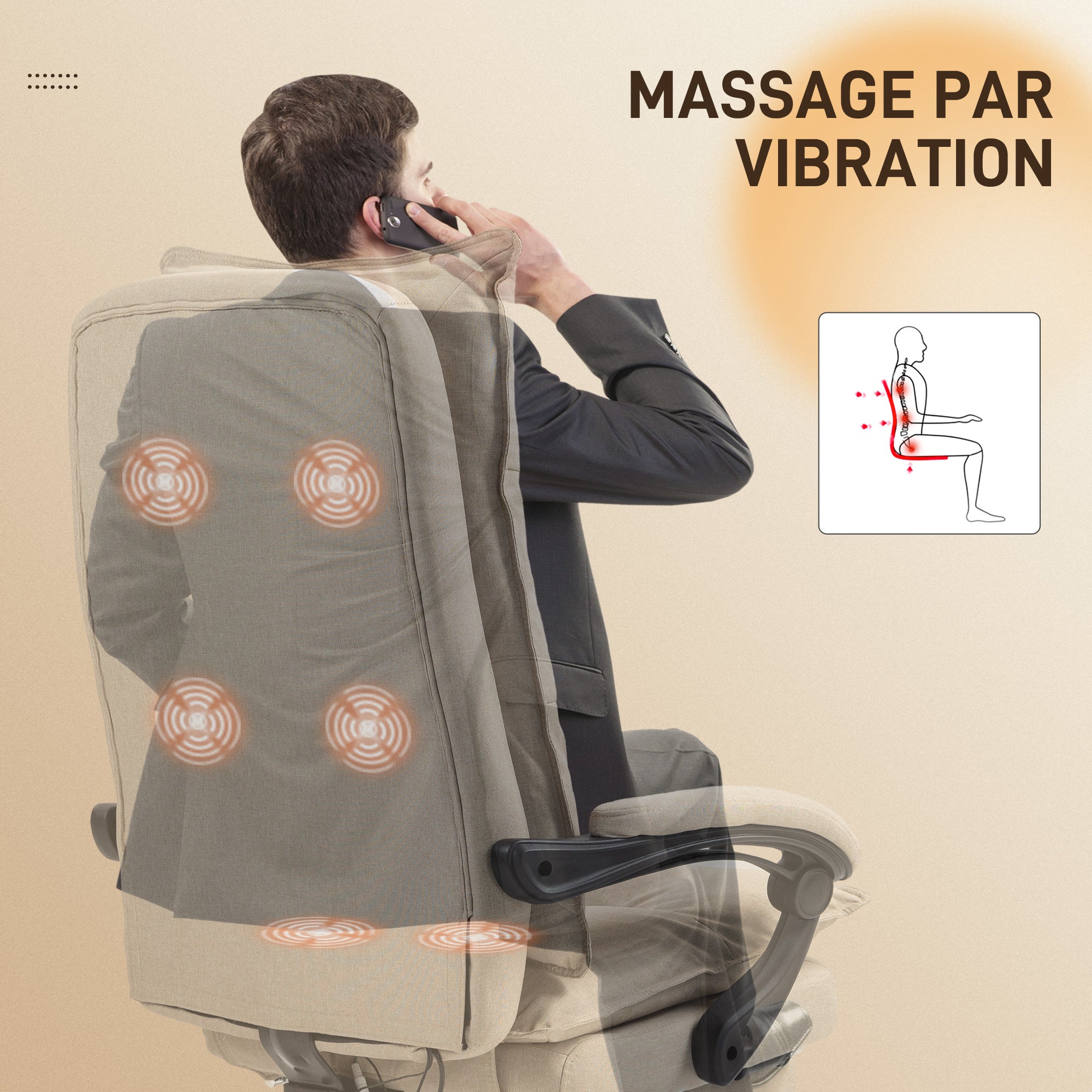 Fauteuil de bureau massant, chaise de bureau, chaise ergonomique avec hauteur réglable, dossier inclinable, repose-pied intégré et télécommande filaire, pivotant à 360°, aspect de lin beige