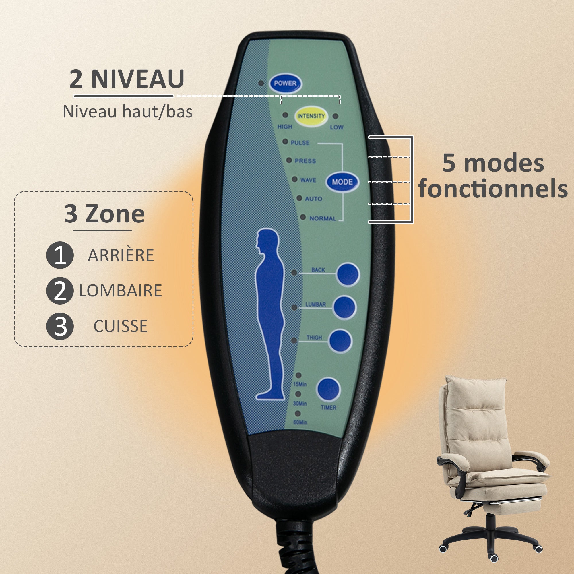 Fauteuil de bureau massant, chaise de bureau, chaise ergonomique avec hauteur réglable, dossier inclinable, repose-pied intégré et télécommande filaire, pivotant à 360°, aspect de lin beige
