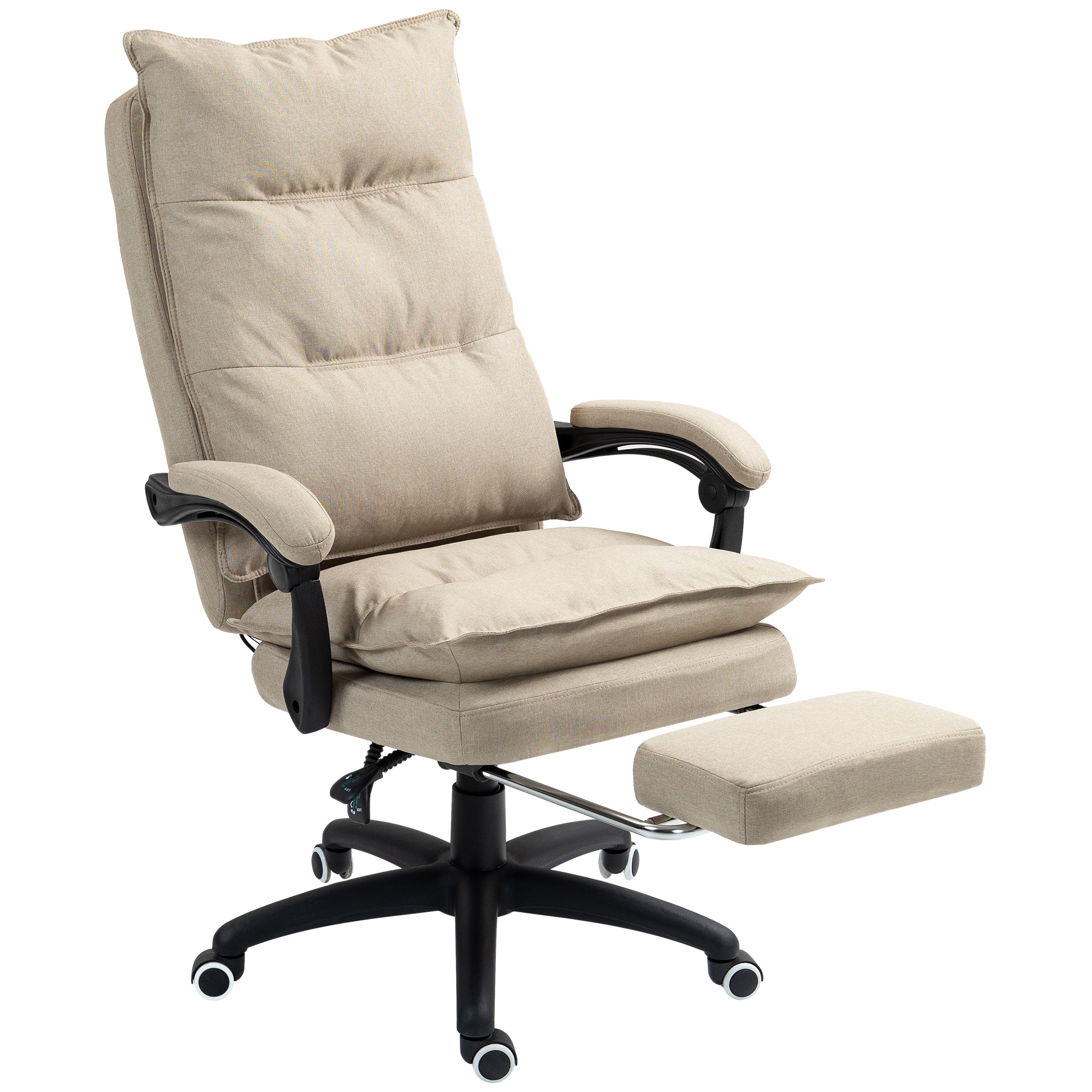 Fauteuil de bureau massant, chaise de bureau, chaise ergonomique avec hauteur réglable, dossier inclinable, repose-pied intégré et télécommande filaire, pivotant à 360°, aspect de lin beige