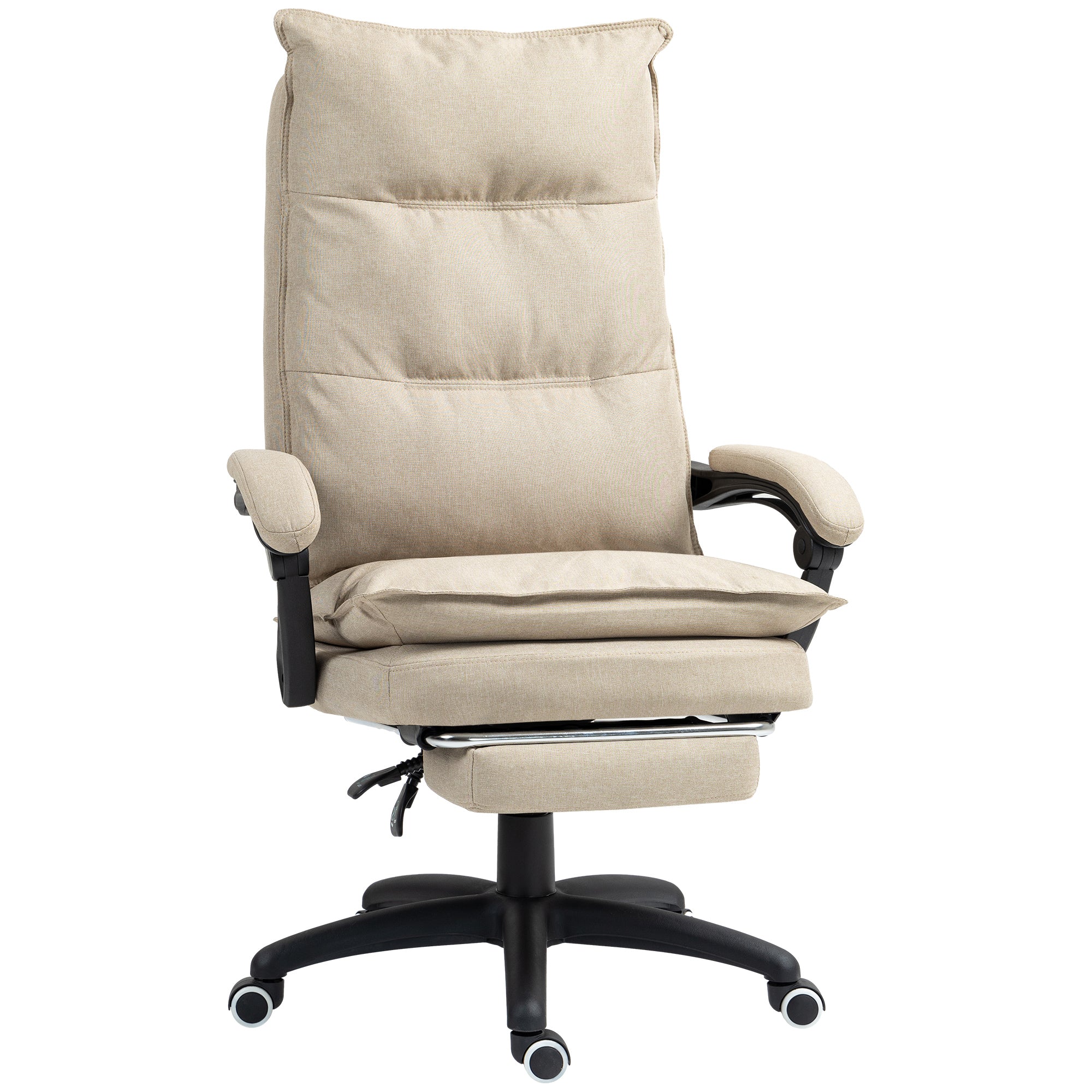 Fauteuil de bureau massant, chaise de bureau, chaise ergonomique avec hauteur réglable, dossier inclinable, repose-pied intégré et télécommande filaire, pivotant à 360°, aspect de lin beige