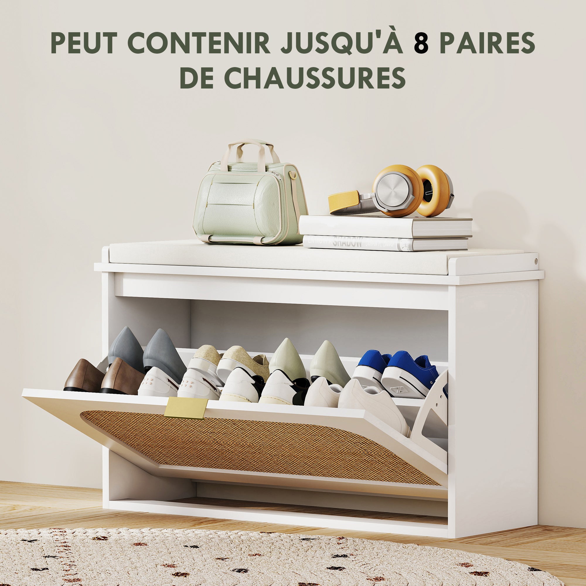 Banc chaussures entrée, banc de rangement étroit, assise rembourrée, porte en rotin, tiroir rabattable et étagère réglable, style bohème, pour entrée, couloir, 80 x 26 x 47,5 cm, blanc