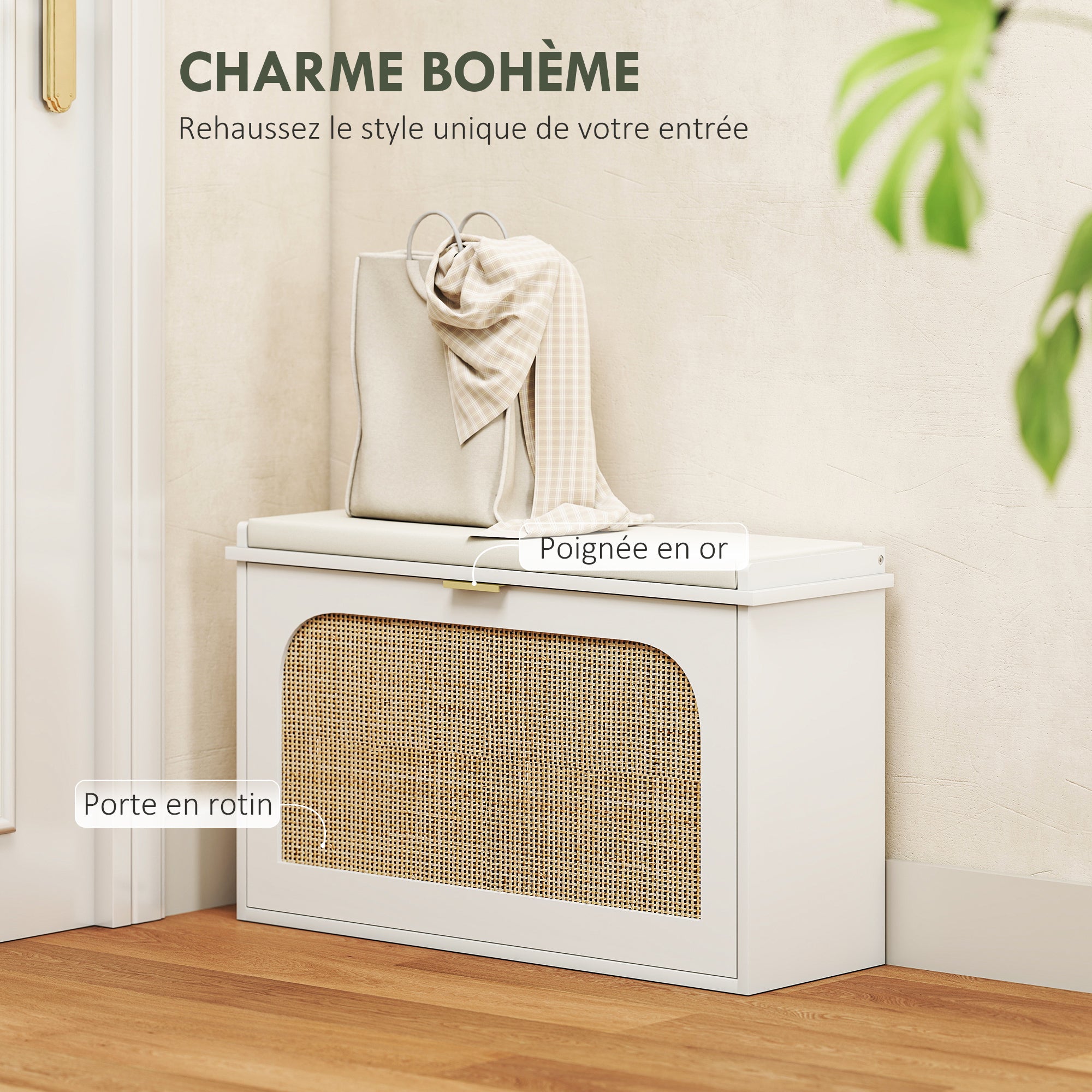 Banc chaussures entrée, banc de rangement étroit, assise rembourrée, porte en rotin, tiroir rabattable et étagère réglable, style bohème, pour entrée, couloir, 80 x 26 x 47,5 cm, blanc