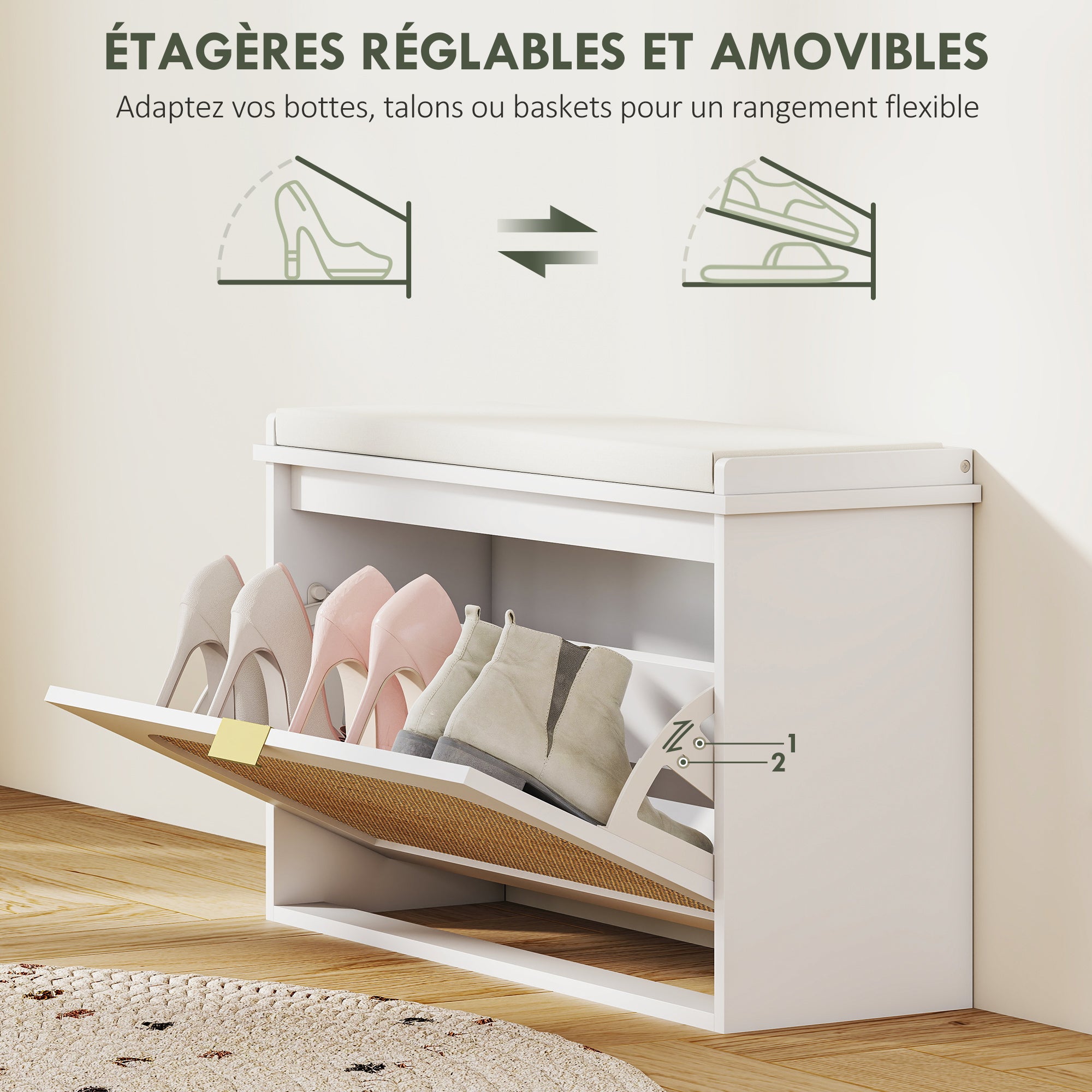 Banc chaussures entrée, banc de rangement étroit, assise rembourrée, porte en rotin, tiroir rabattable et étagère réglable, style bohème, pour entrée, couloir, 80 x 26 x 47,5 cm, blanc
