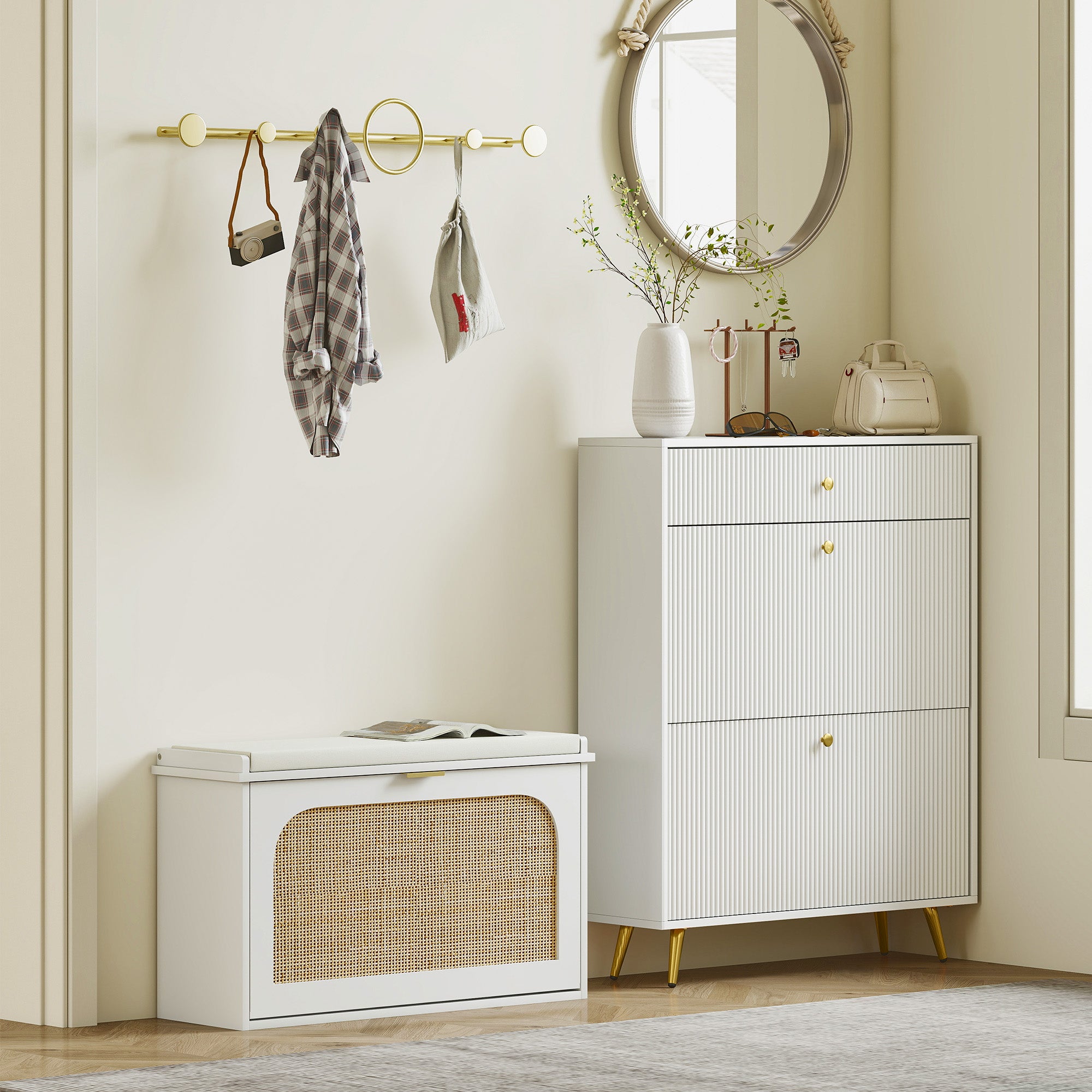 Banc chaussures entrée, banc de rangement étroit, assise rembourrée, porte en rotin, tiroir rabattable et étagère réglable, style bohème, pour entrée, couloir, 80 x 26 x 47,5 cm, blanc