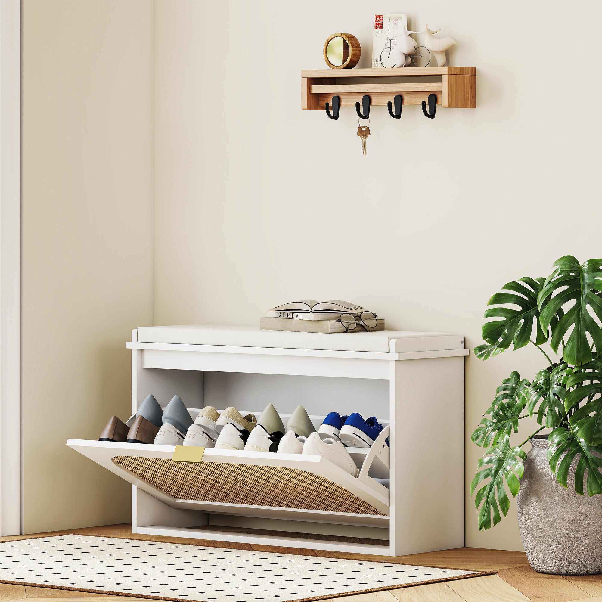 Banc chaussures entrée, banc de rangement étroit, assise rembourrée, porte en rotin, tiroir rabattable et étagère réglable, style bohème, pour entrée, couloir, 80 x 26 x 47,5 cm, blanc