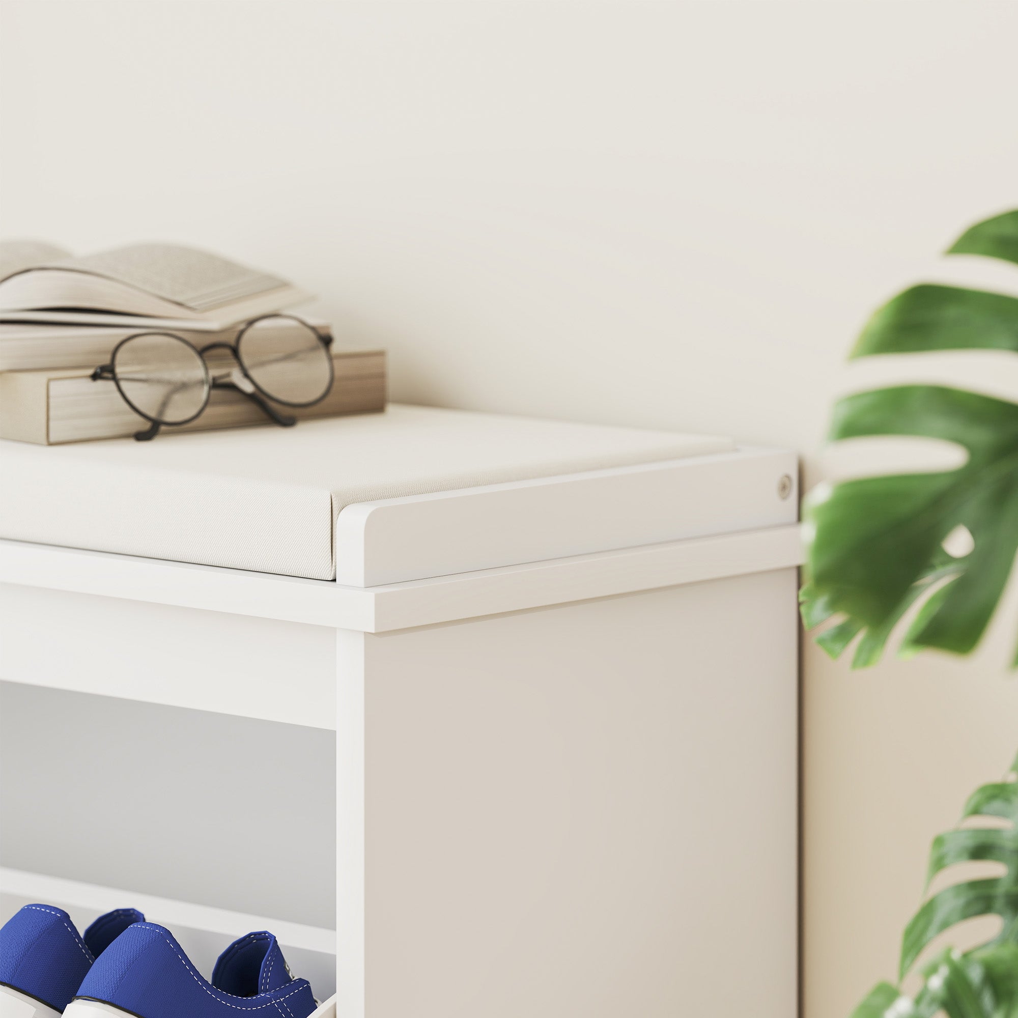 Banc chaussures entrée, banc de rangement étroit, assise rembourrée, porte en rotin, tiroir rabattable et étagère réglable, style bohème, pour entrée, couloir, 80 x 26 x 47,5 cm, blanc