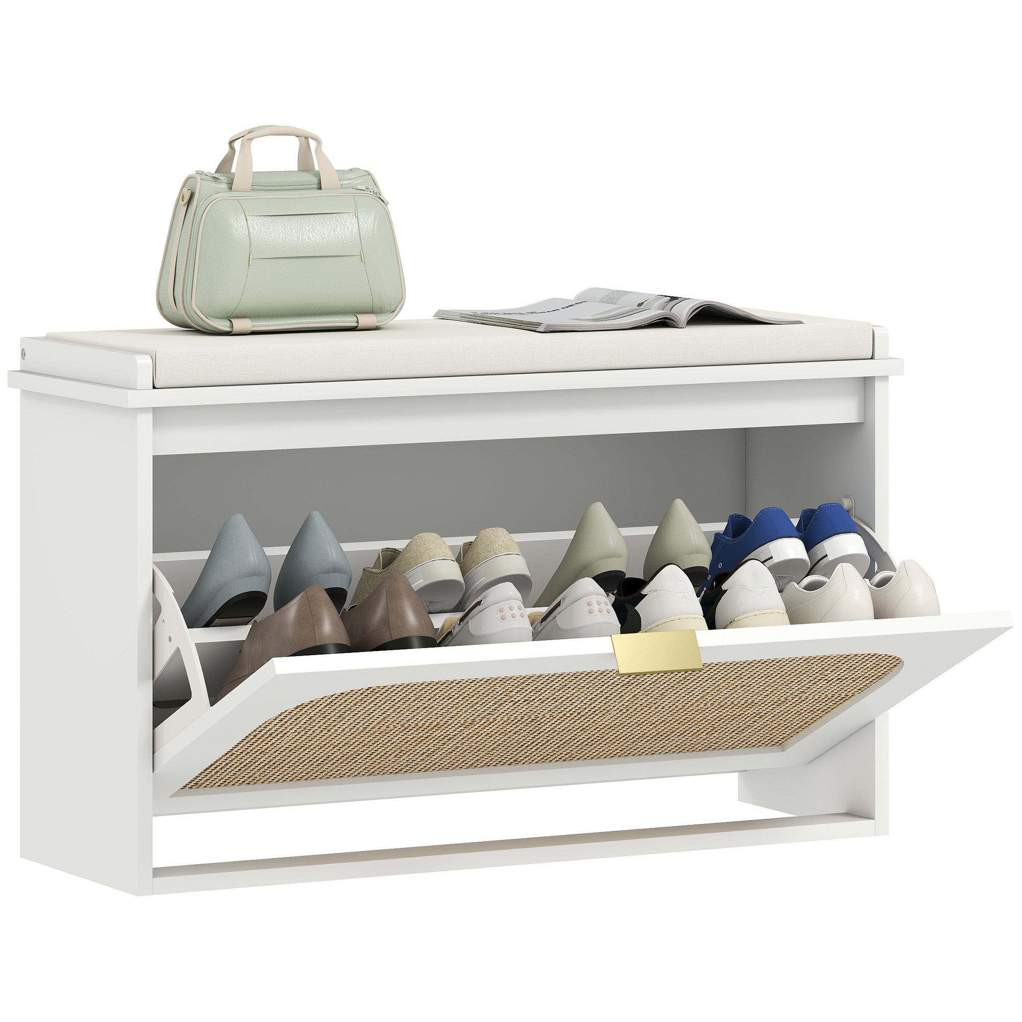 Banc chaussures entrée, banc de rangement étroit, assise rembourrée, porte en rotin, tiroir rabattable et étagère réglable, style bohème, pour entrée, couloir, 80 x 26 x 47,5 cm, blanc