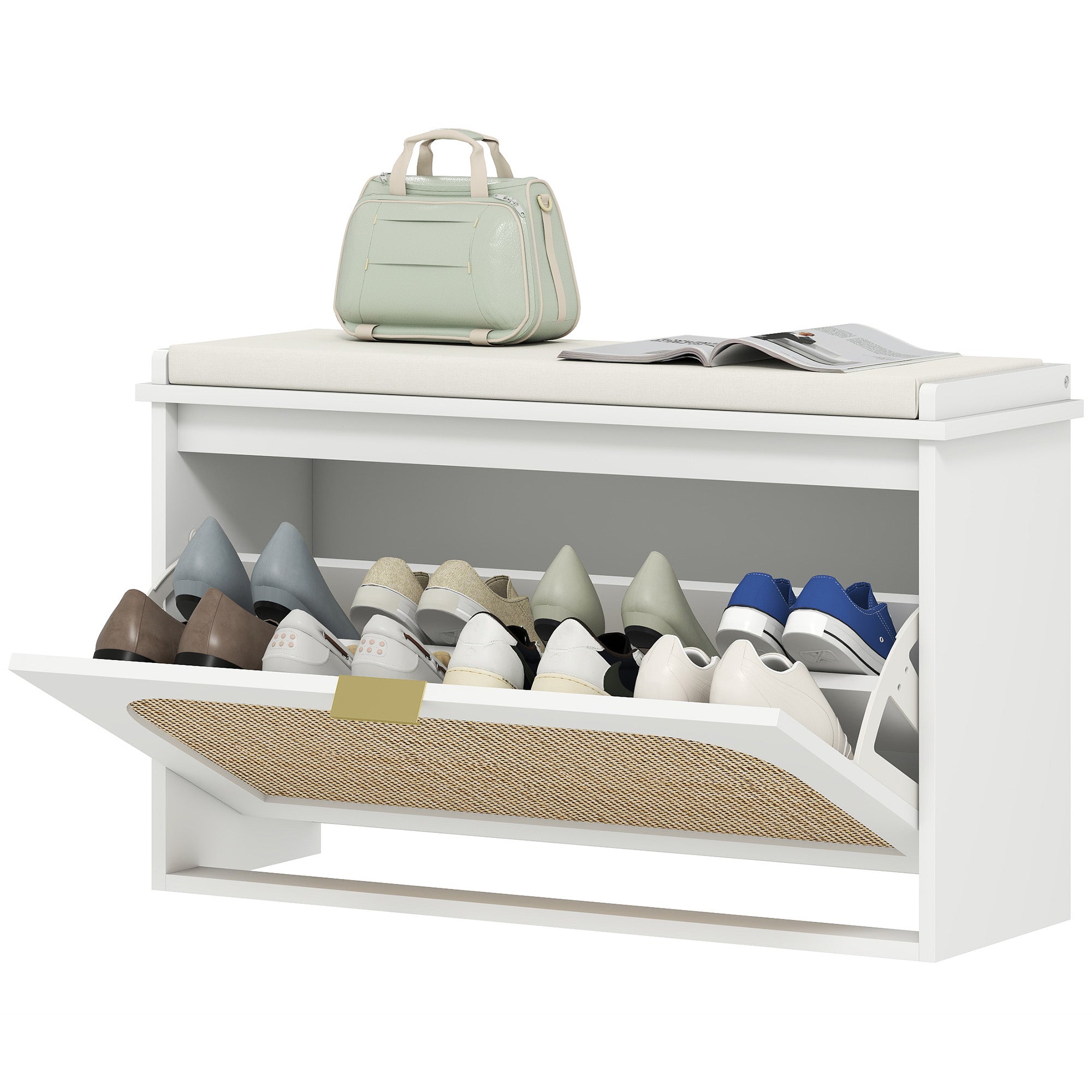 Banc chaussures entrée, banc de rangement étroit, assise rembourrée, porte en rotin, tiroir rabattable et étagère réglable, style bohème, pour entrée, couloir, 80 x 26 x 47,5 cm, blanc