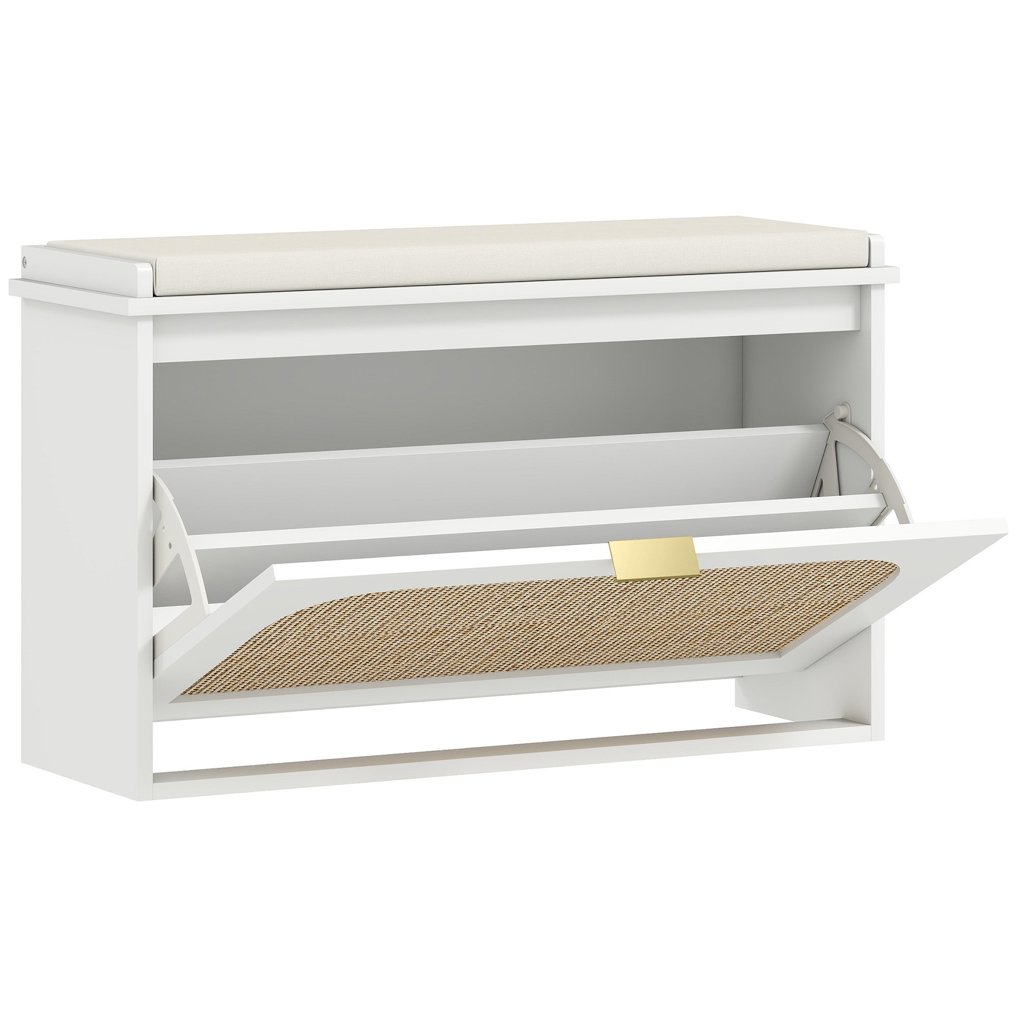 Banc chaussures entrée, banc de rangement étroit, assise rembourrée, porte en rotin, tiroir rabattable et étagère réglable, style bohème, pour entrée, couloir, 80 x 26 x 47,5 cm, blanc