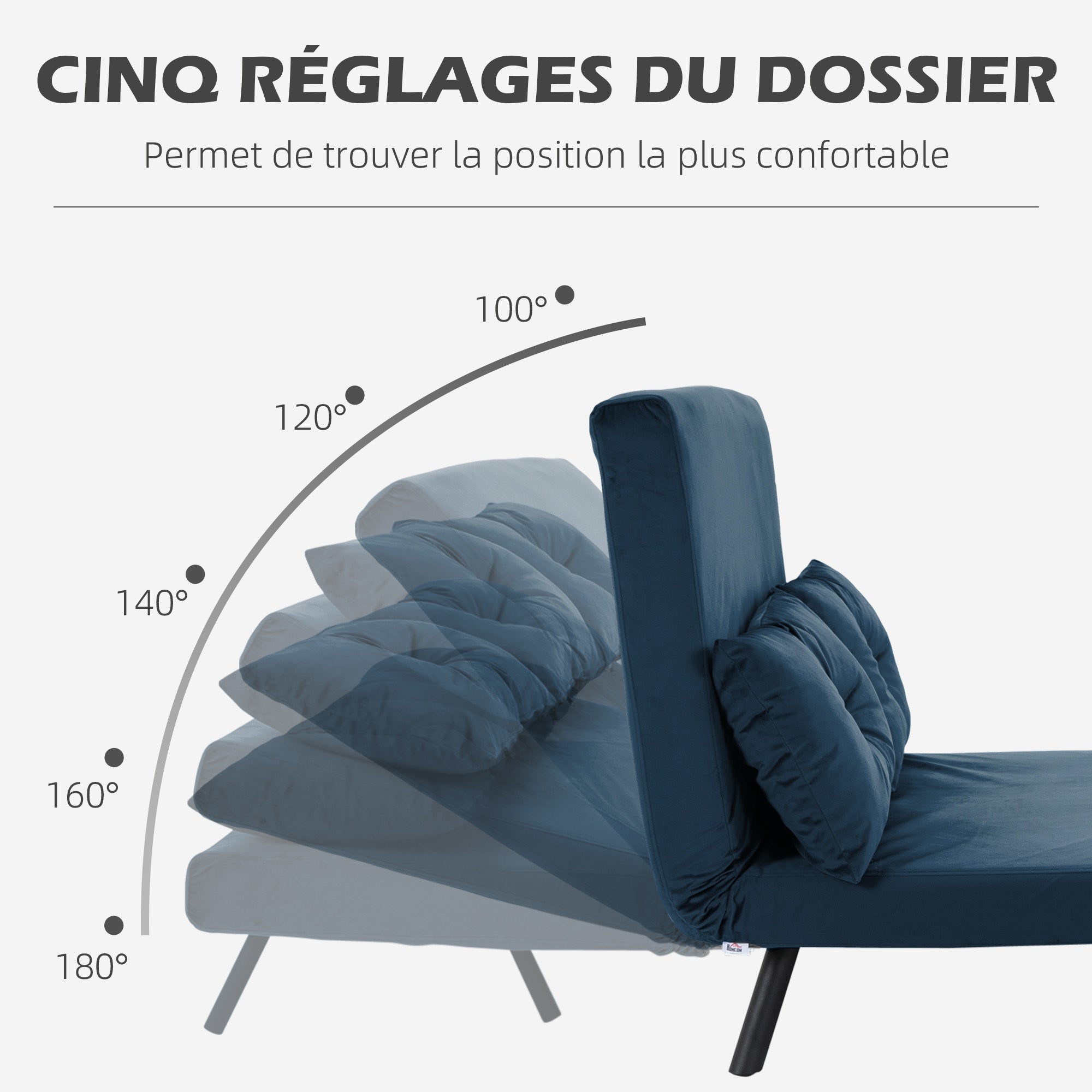 Canapé convertible 2 places 4 en 1, chauffeuse, fauteuil-lit pliant avec dossier réglable 5 niveaux et 2 coussins rembourrés, tissu effet velours pour salon, chambre d'amis, 102x73x81cm, bleu