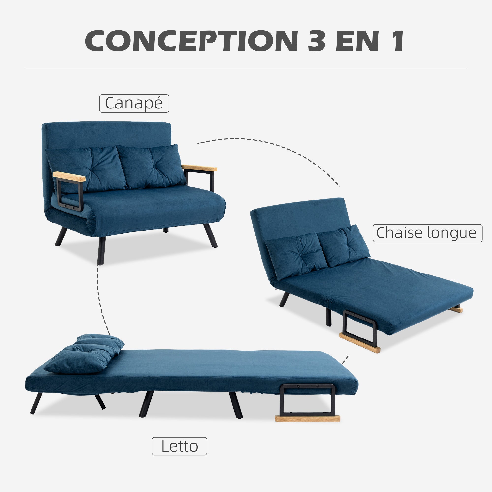 Canapé convertible 2 places 4 en 1, chauffeuse, fauteuil-lit pliant avec dossier réglable 5 niveaux et 2 coussins rembourrés, tissu effet velours pour salon, chambre d'amis, 102x73x81cm, bleu