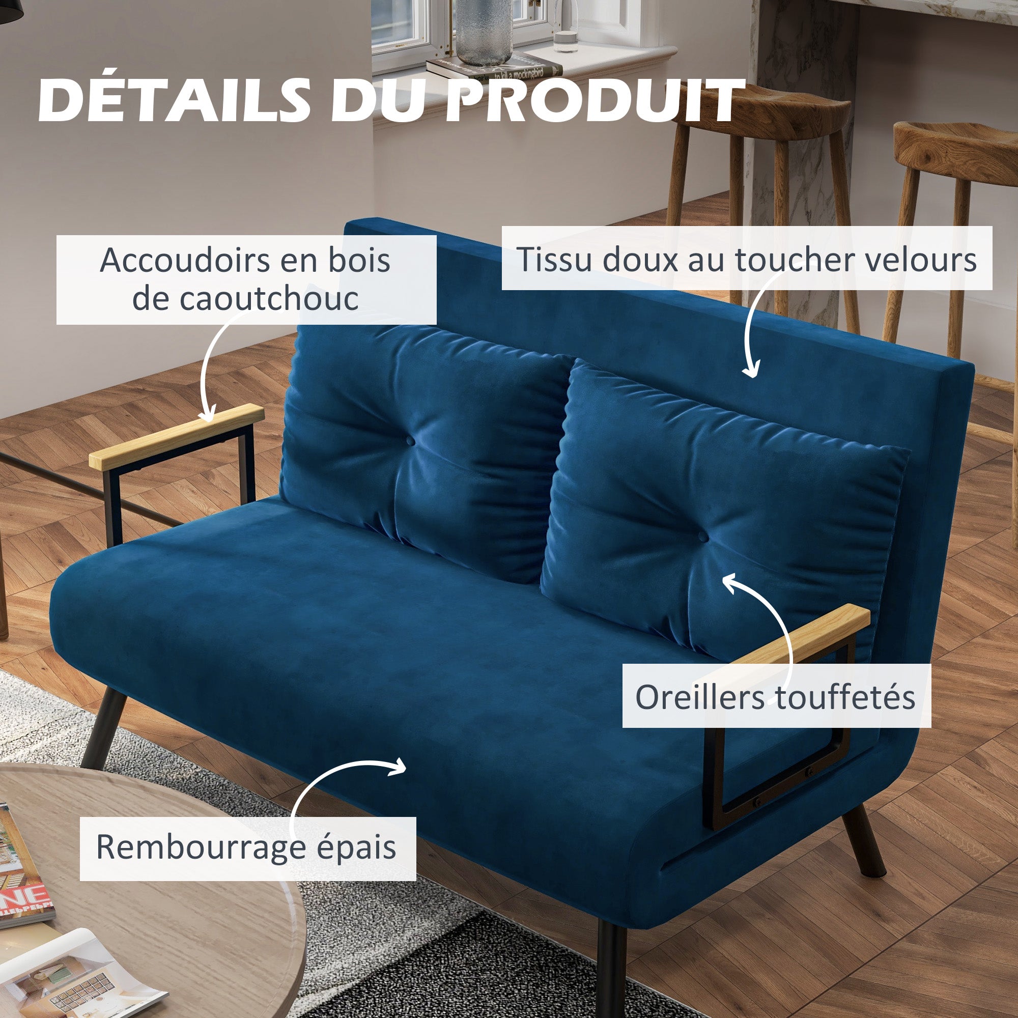 Canapé convertible 2 places 4 en 1, chauffeuse, fauteuil-lit pliant avec dossier réglable 5 niveaux et 2 coussins rembourrés, tissu effet velours pour salon, chambre d'amis, 102x73x81cm, bleu