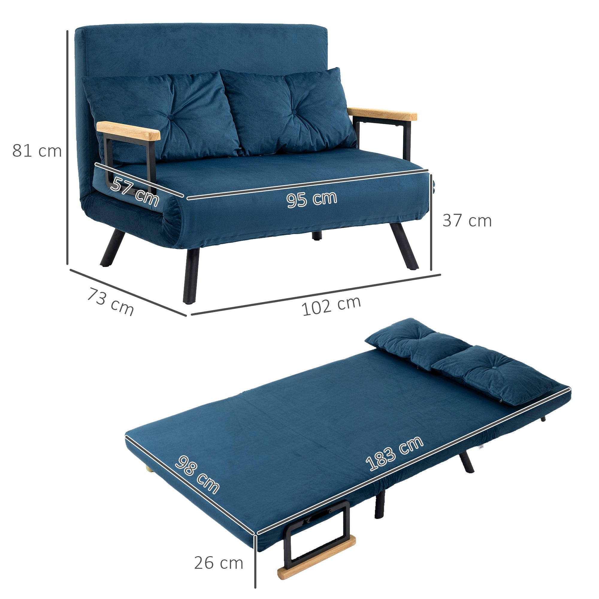 Canapé convertible 2 places 4 en 1, chauffeuse, fauteuil-lit pliant avec dossier réglable 5 niveaux et 2 coussins rembourrés, tissu effet velours pour salon, chambre d'amis, 102x73x81cm, bleu