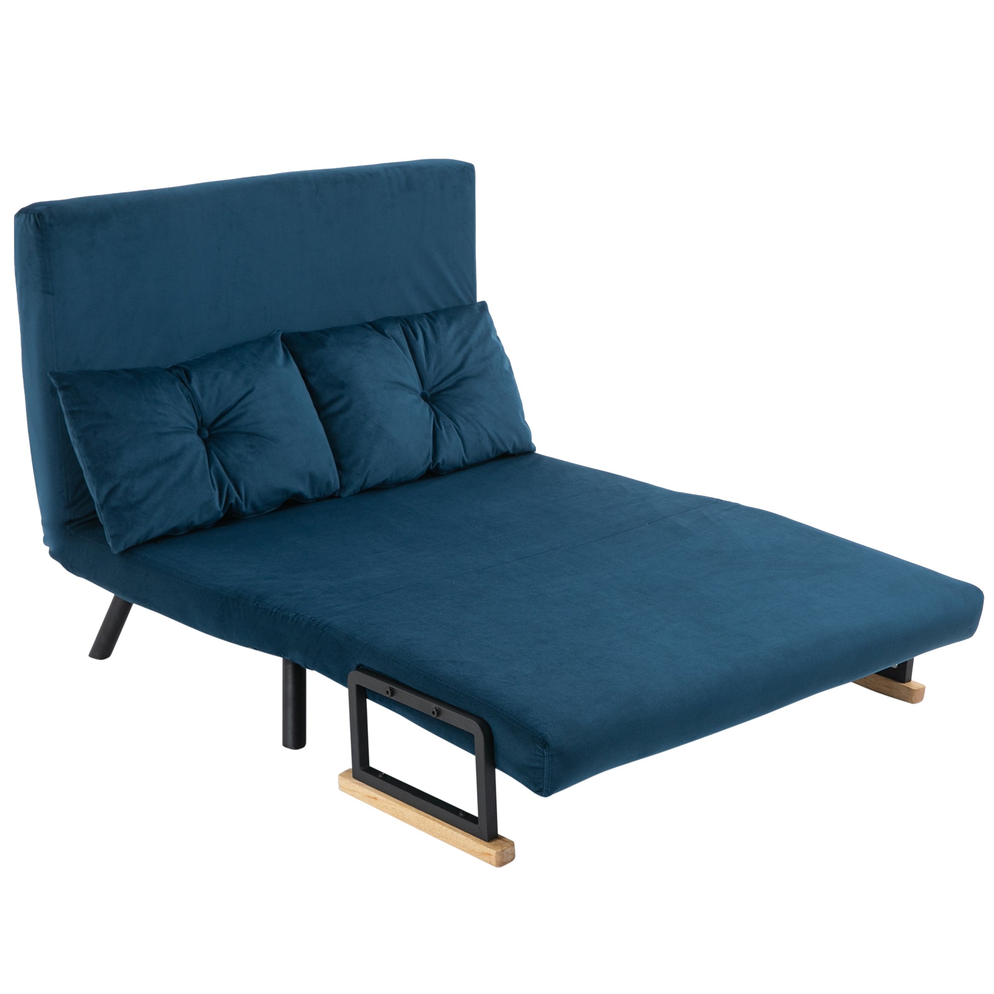 Canapé convertible 2 places 4 en 1, chauffeuse, fauteuil-lit pliant avec dossier réglable 5 niveaux et 2 coussins rembourrés, tissu effet velours pour salon, chambre d'amis, 102x73x81cm, bleu