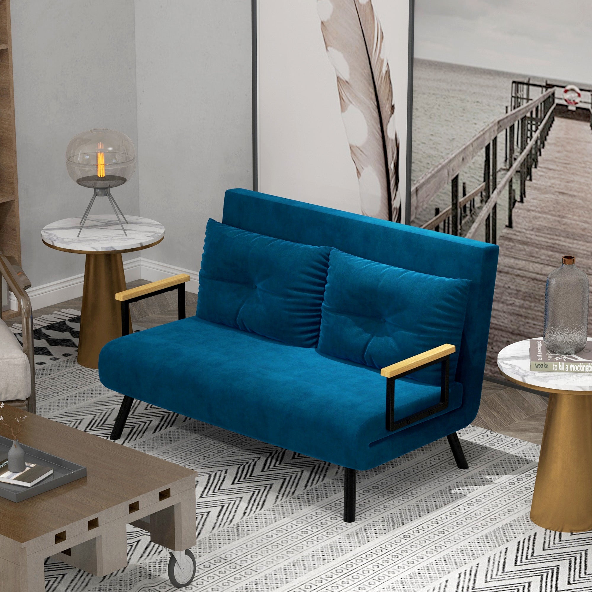 Canapé convertible 2 places 4 en 1, chauffeuse, fauteuil-lit pliant avec dossier réglable 5 niveaux et 2 coussins rembourrés, tissu effet velours pour salon, chambre d'amis, 102x73x81cm, bleu