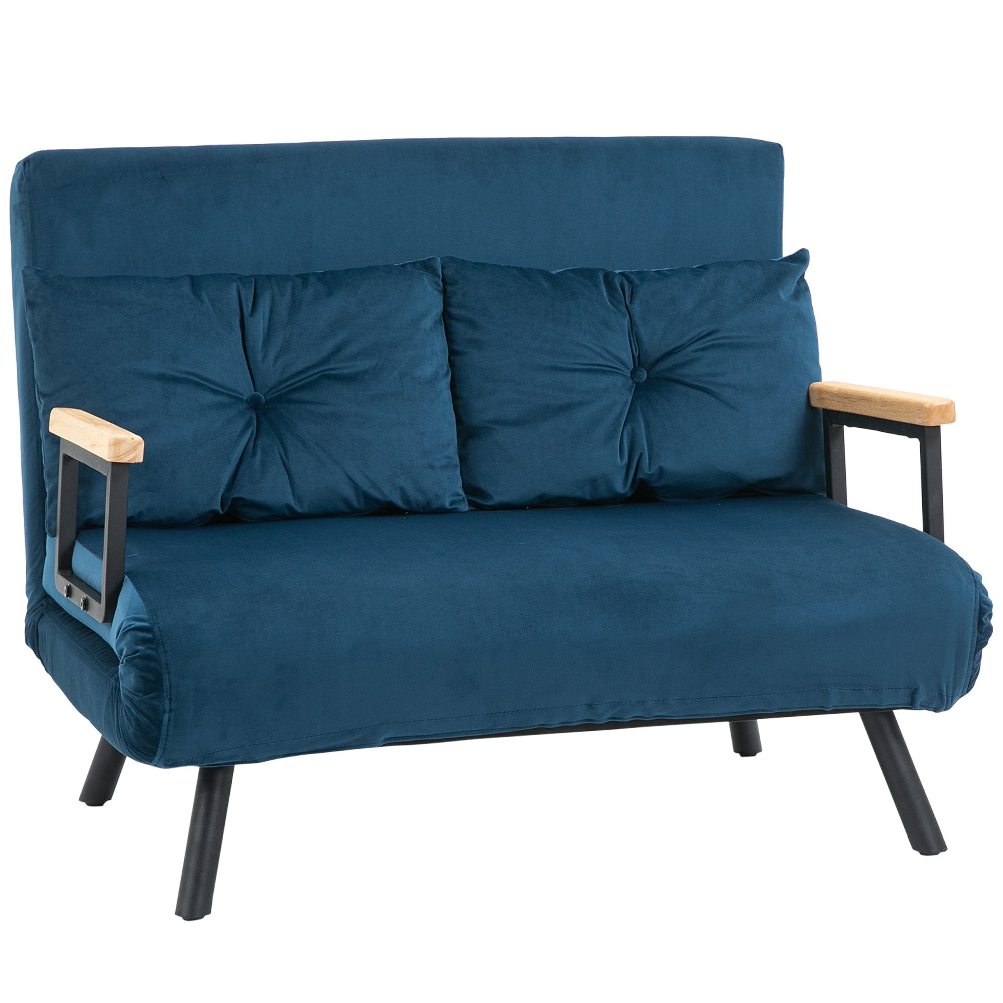 Canapé convertible 2 places 4 en 1, chauffeuse, fauteuil-lit pliant avec dossier réglable 5 niveaux et 2 coussins rembourrés, tissu effet velours pour salon, chambre d'amis, 102x73x81cm, bleu