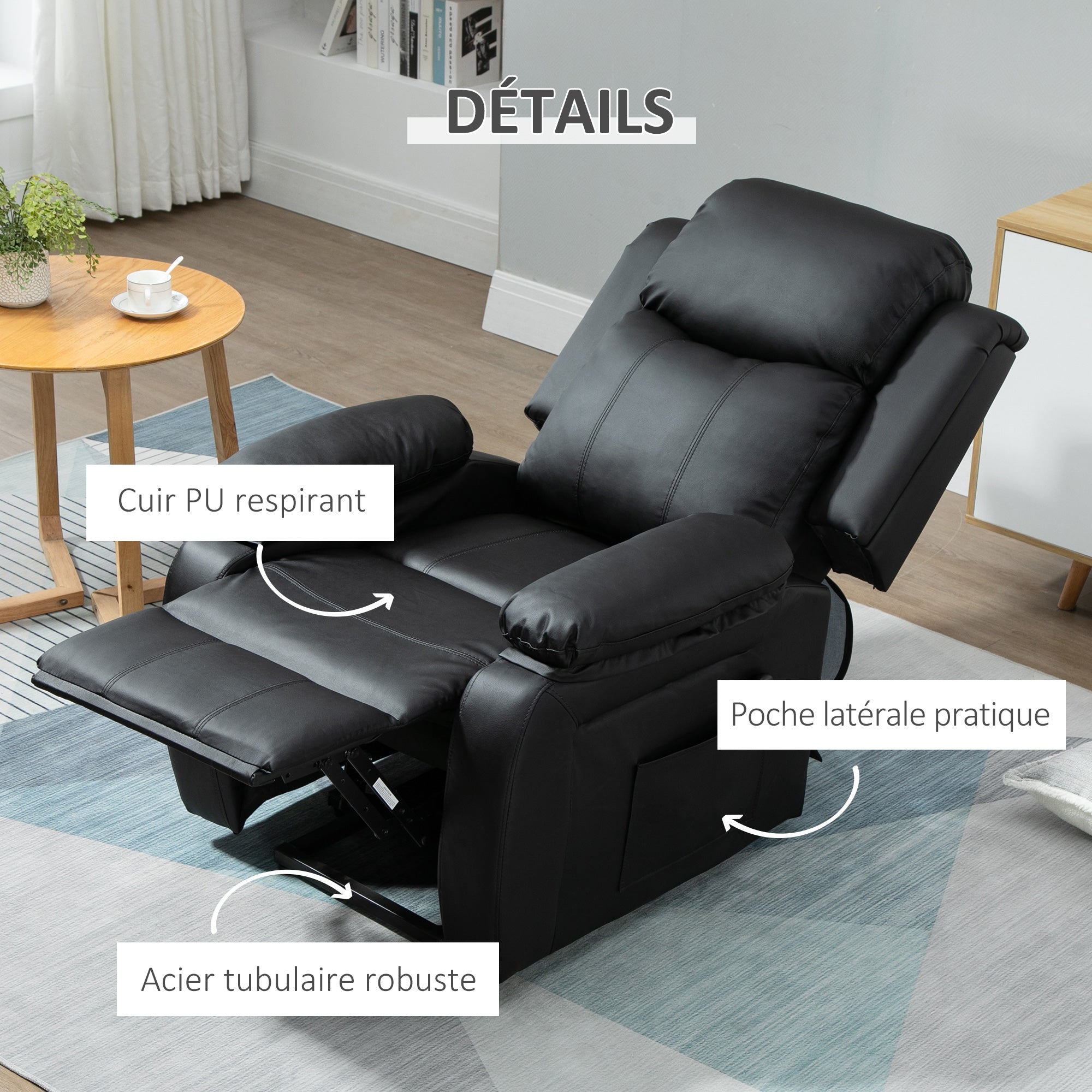 Fauteuil releveur électrique, fauteuil relax électrique avec repose-pied, dossier inclinable, télécommande et poches latérales, revêtement en PU, pour personnes âgées, noir