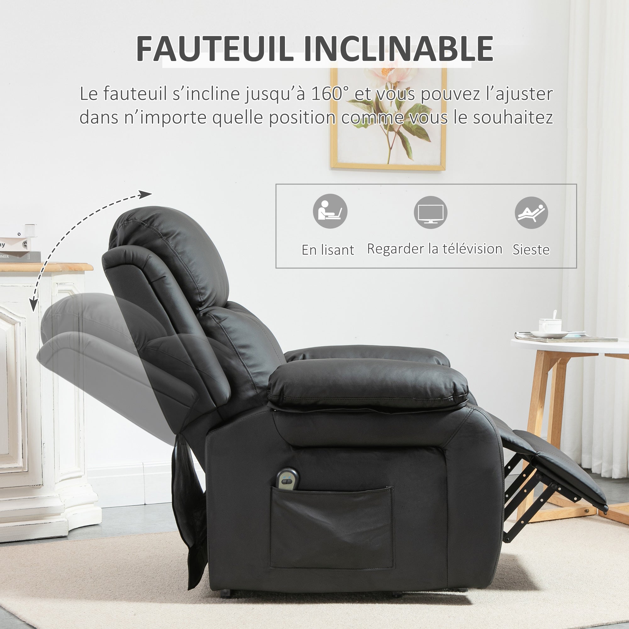 Fauteuil releveur électrique, fauteuil relax électrique avec repose-pied, dossier inclinable, télécommande et poches latérales, revêtement en PU, pour personnes âgées, noir