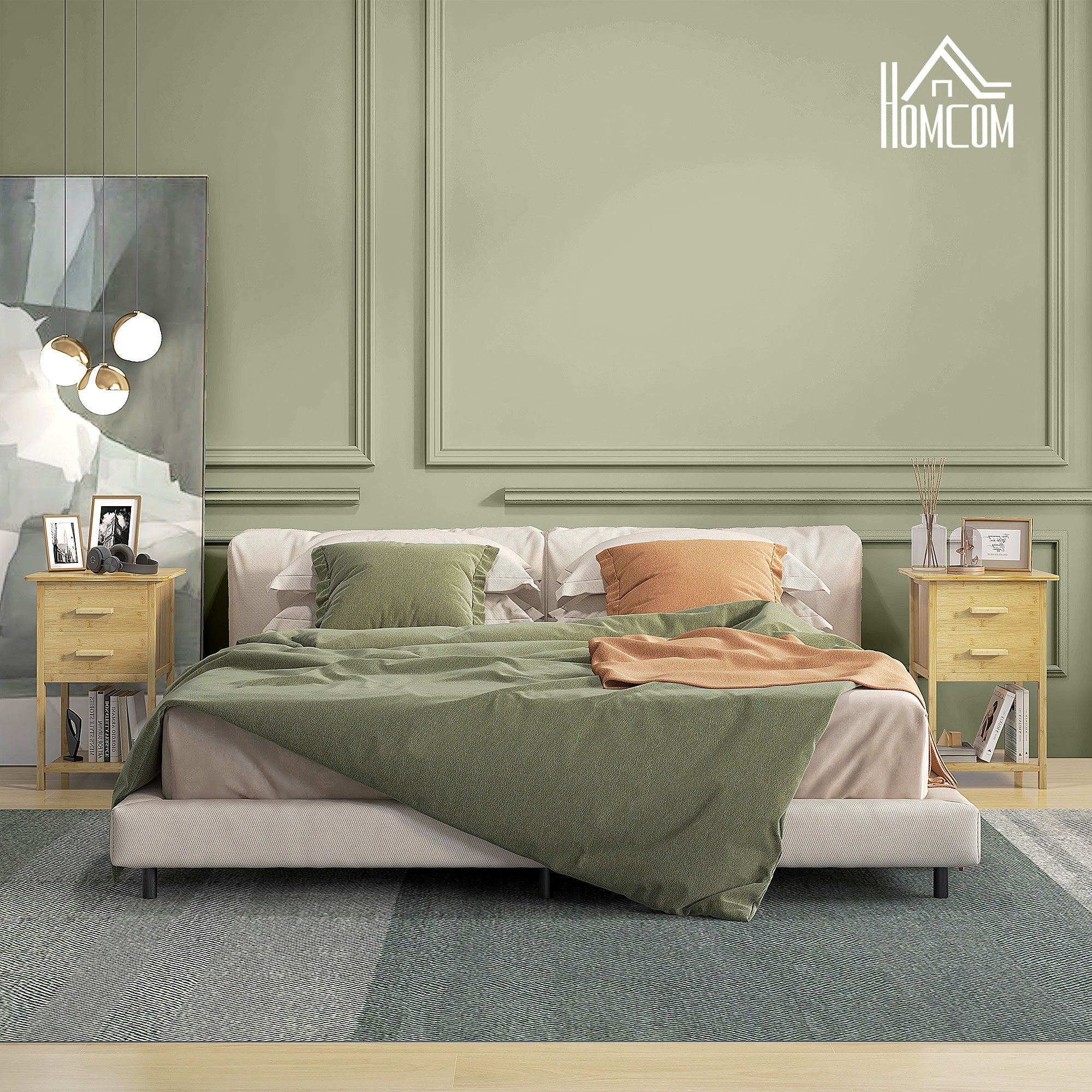 Lot de 2 tables de chevet, table de nuit, en bambou, table d'appoint avec 2 tiroirs et 1 étagère, style scandinave, 40 x 34 x 60 cm, naturel