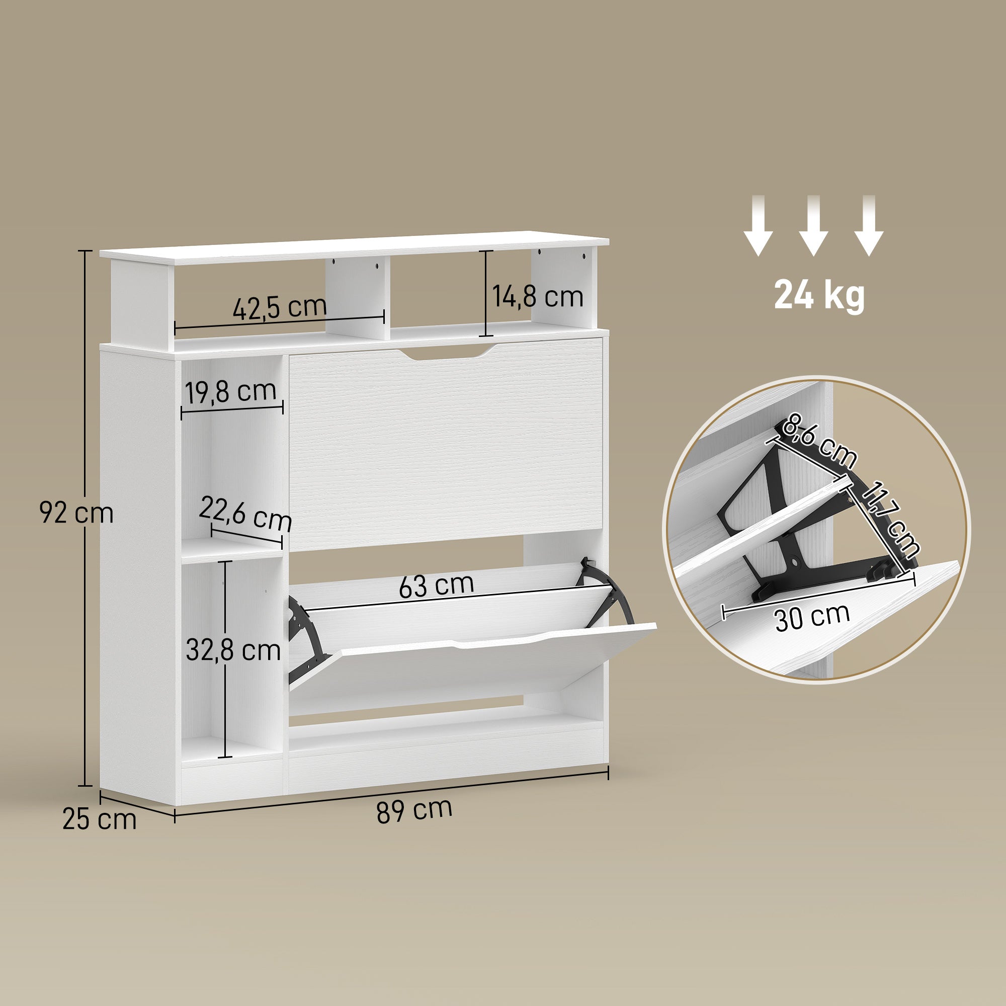 Meuble à Chaussures, Armoire à Chaussures Étroite avec 2 Tiroirs Rabattables, Compartiments Ouverts et Étagère Réglable, pour Couloir et Entrée, 89 x 25 x 92 cm, Blanc