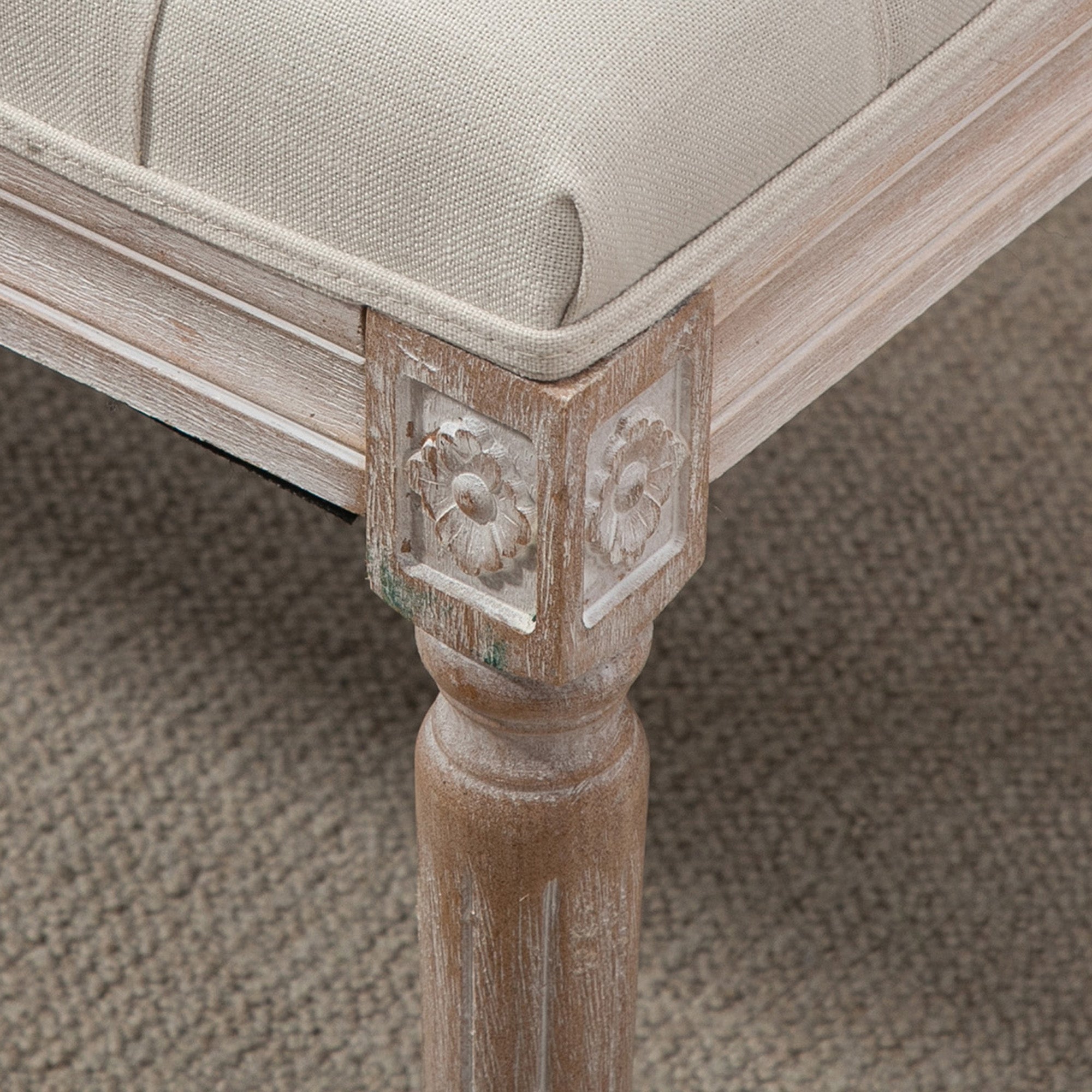 Banc Banquette classique capitonné 80cm bout de lit Rembourrée en lin - bois d'hévéa sculpté, patiné - beige