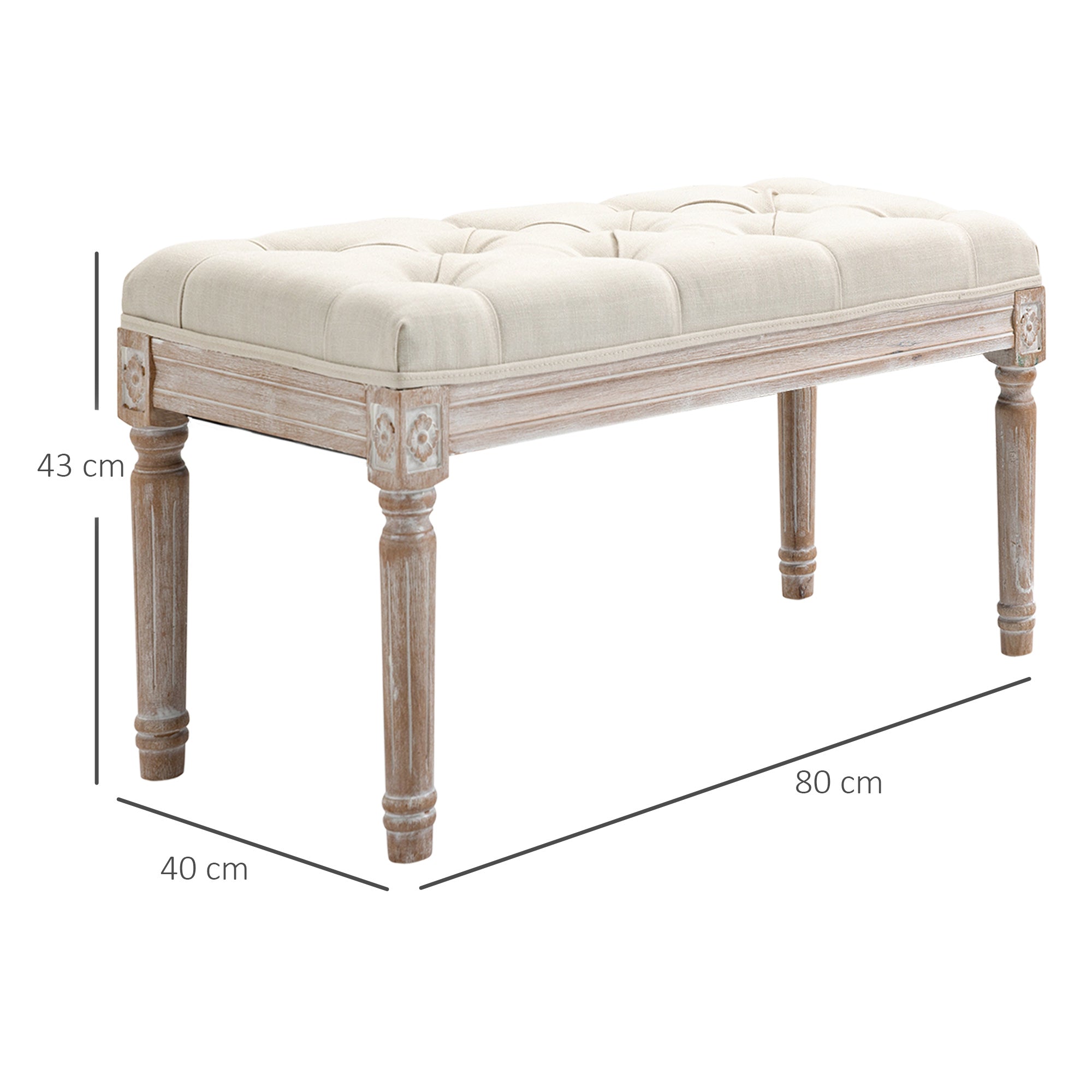 Banc Banquette classique capitonné 80cm bout de lit Rembourrée en lin - bois d'hévéa sculpté, patiné - beige