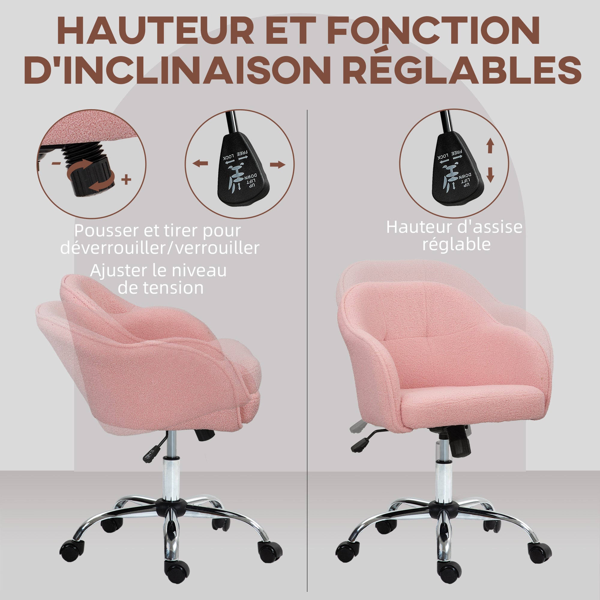 Chaise de bureau, fauteuil de bureau ergonomique en peluche Teddy, hauteur réglable, assise et dossier rembourrés, pivotant 360°, design moderne, pour bureau, chambre, rose