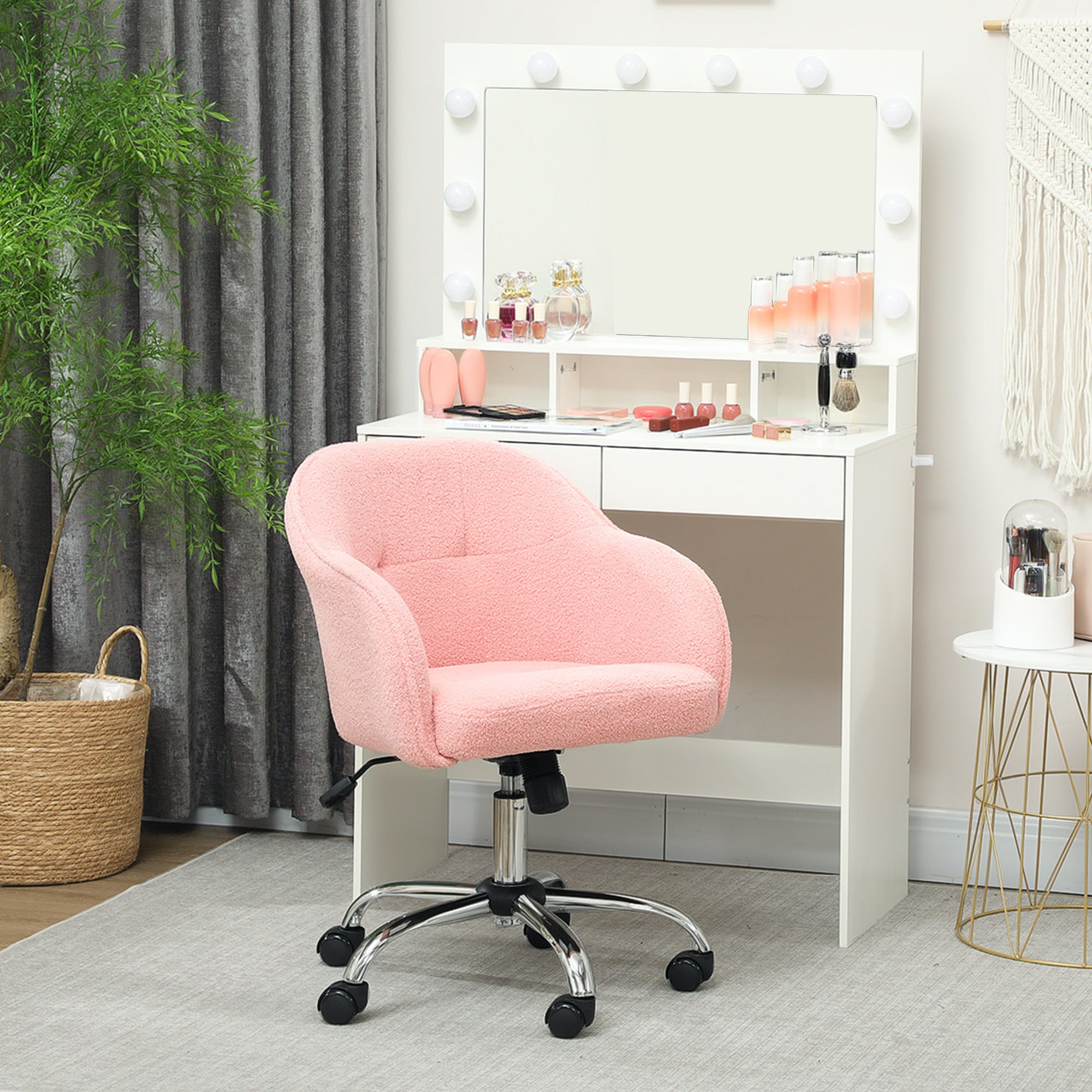 Chaise de bureau, fauteuil de bureau ergonomique en peluche Teddy, hauteur réglable, assise et dossier rembourrés, pivotant 360°, design moderne, pour bureau, chambre, rose