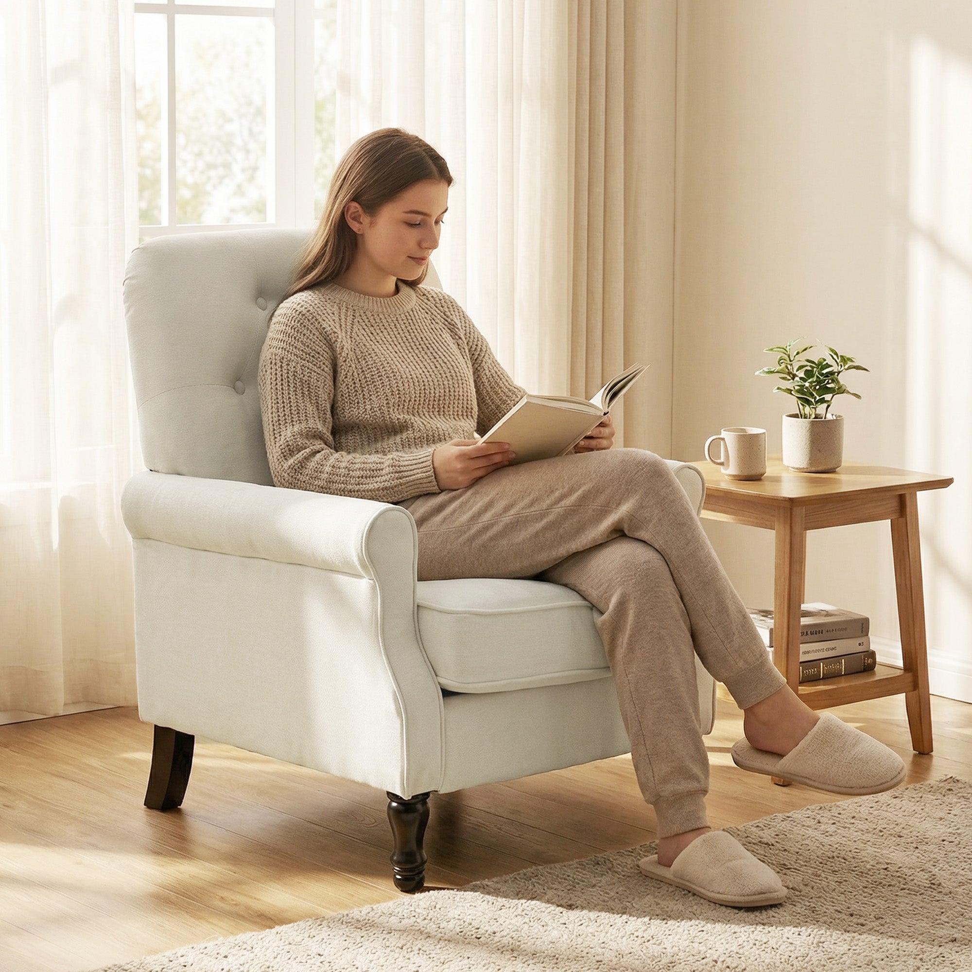 Fauteuil de salon, canapé 1 place avec assise rembourrée épaisse, coussin à ressorts, pieds en bois, style moderne médiéval, tissu en lin, pour chambre, salon, appartement, crème