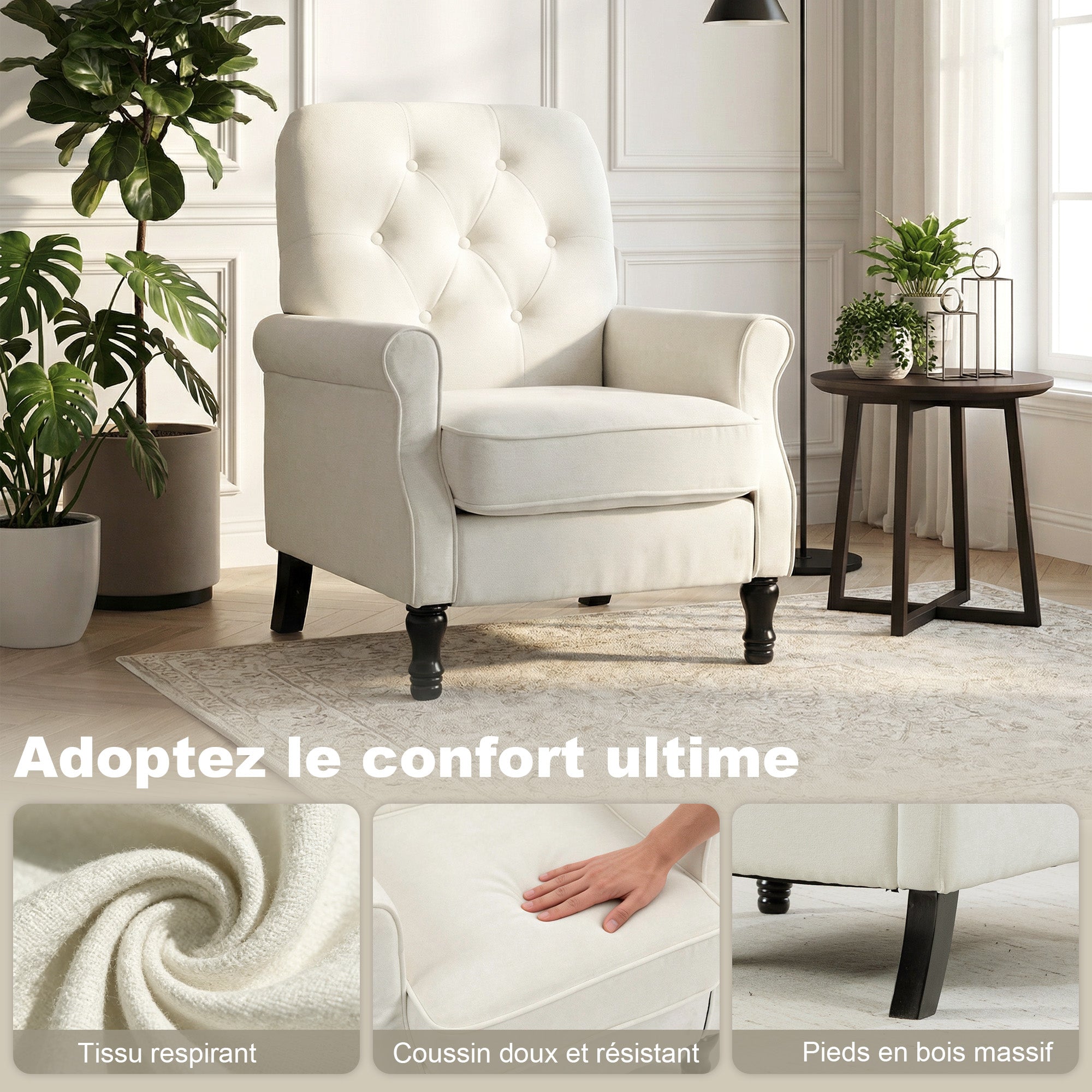 Fauteuil de salon, canapé 1 place avec assise rembourrée épaisse, coussin à ressorts, pieds en bois, style moderne médiéval, tissu en lin, pour chambre, salon, appartement, crème