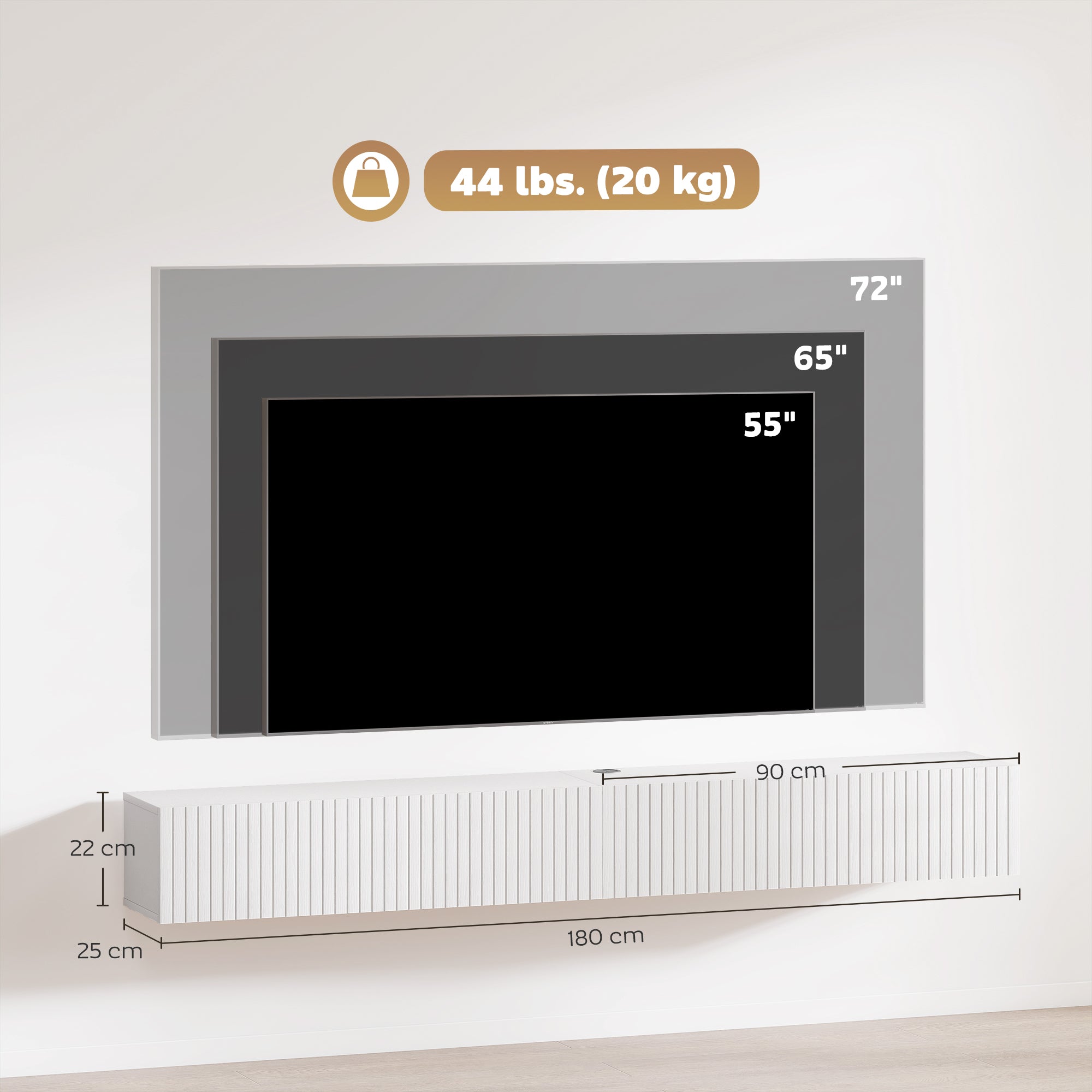 Meuble TV suspendu flottant 180 cm, meuble télé pour téléviseur jusqu'à 72 pouces avec 2 portes cannelées rabattables, banc TV mural pour salon, chambre à coucher, blanc