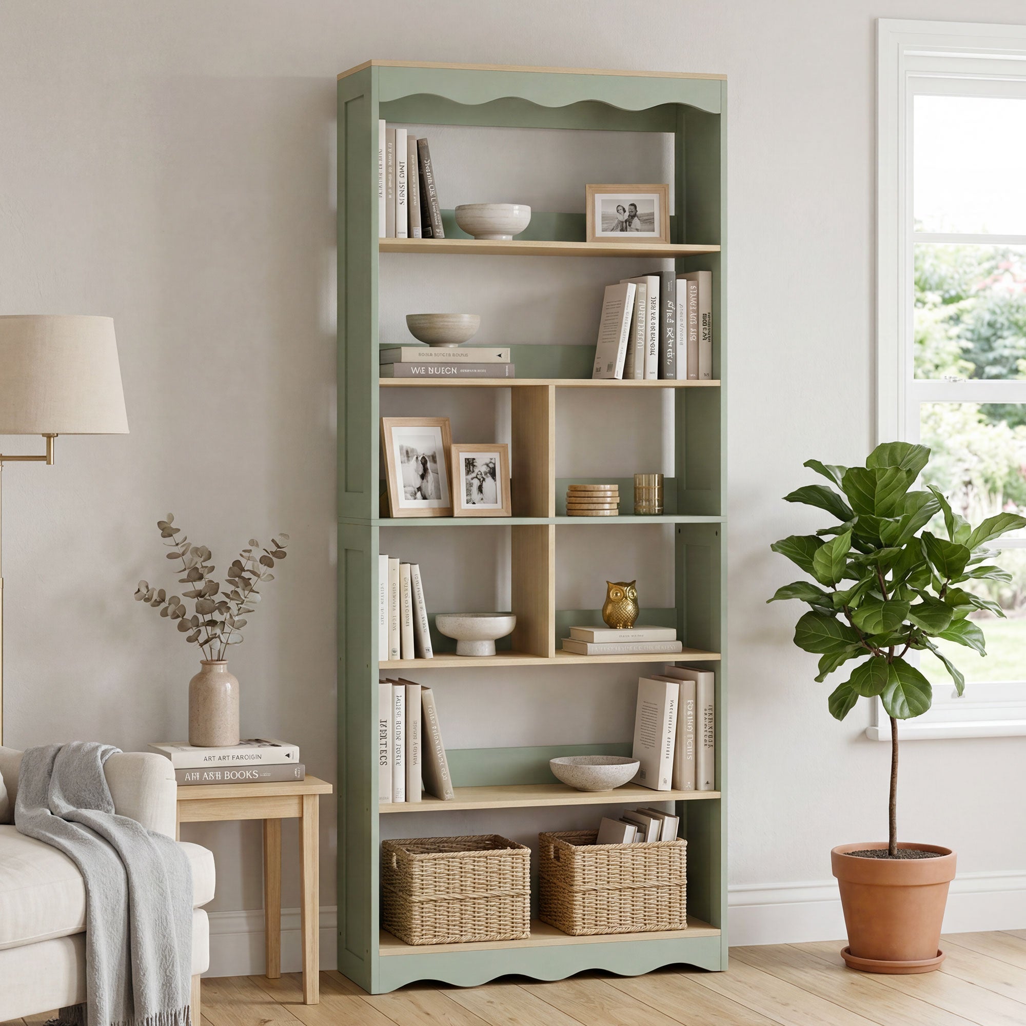 Bibliothèque, étagère de rangement à 6 niveaux avec 6 compartiments ouverts, meuble de rangement pour salon, bureau, chambre, 76 x 23,8 x 180 cm, bois naturel et vert