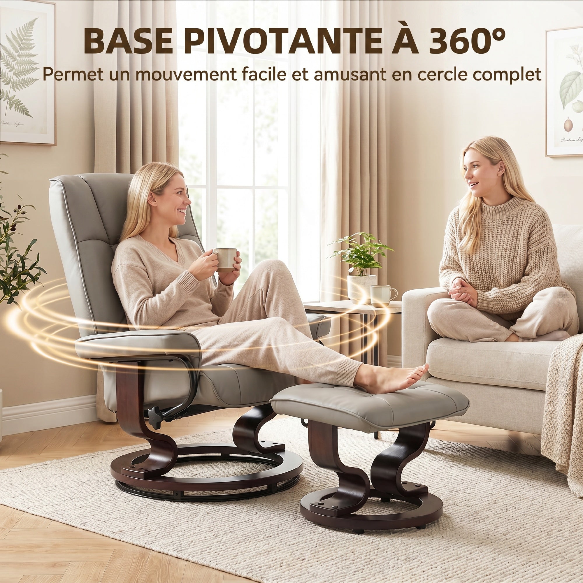 Fauteuil de relaxation inclinable avec repose-pied fauteuil relax de salon pivotant, cadre en bois revêtement synthétique 76 x 85 x 104 cm gris