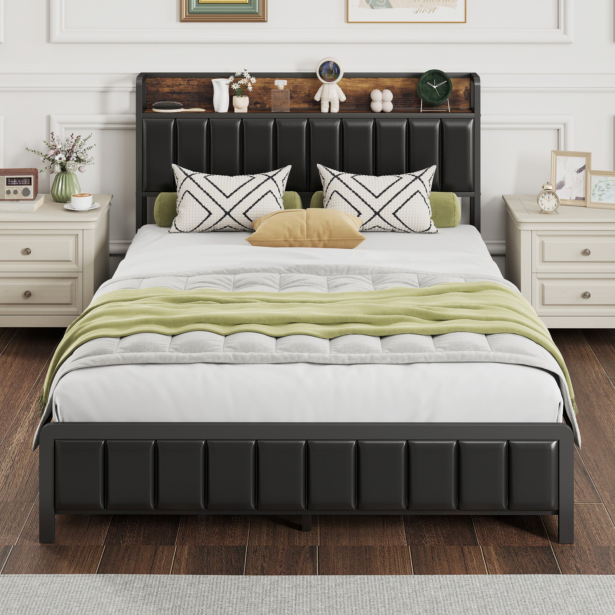 Cadre de lit 140 x 190 cm avec sommier à lattes en métal, lit double rembourré en cuir synthétique avec tête de lit, pied de lit, 4 tiroirs et étagère, sans bruit, style industriel, noir