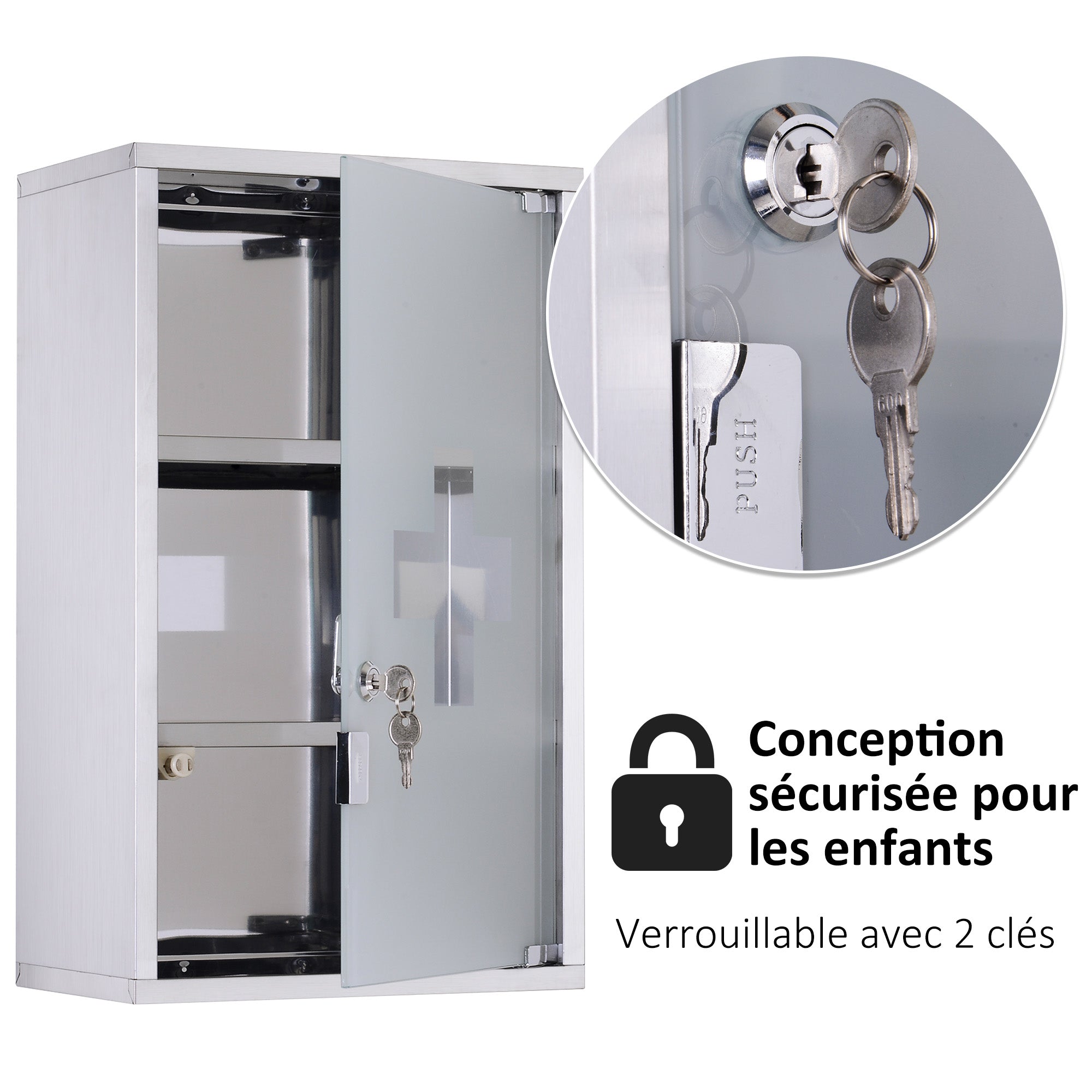 Armoire à pharmacie murale à 3 niveaux en acier inoxydable avec porte verrouillable en verre avec 2 clés étagères de rangement argent