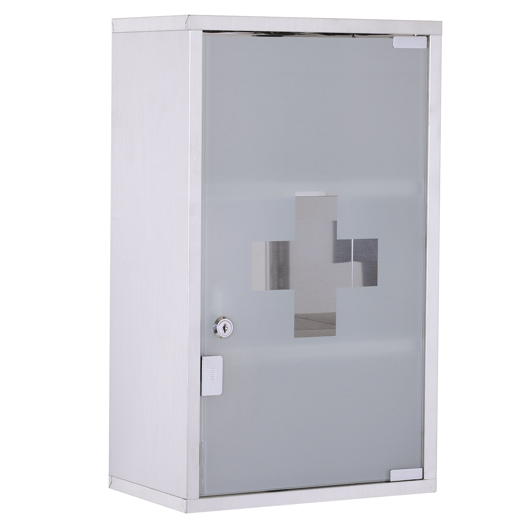 Armoire à pharmacie murale à 3 niveaux en acier inoxydable avec porte verrouillable en verre avec 2 clés étagères de rangement argent